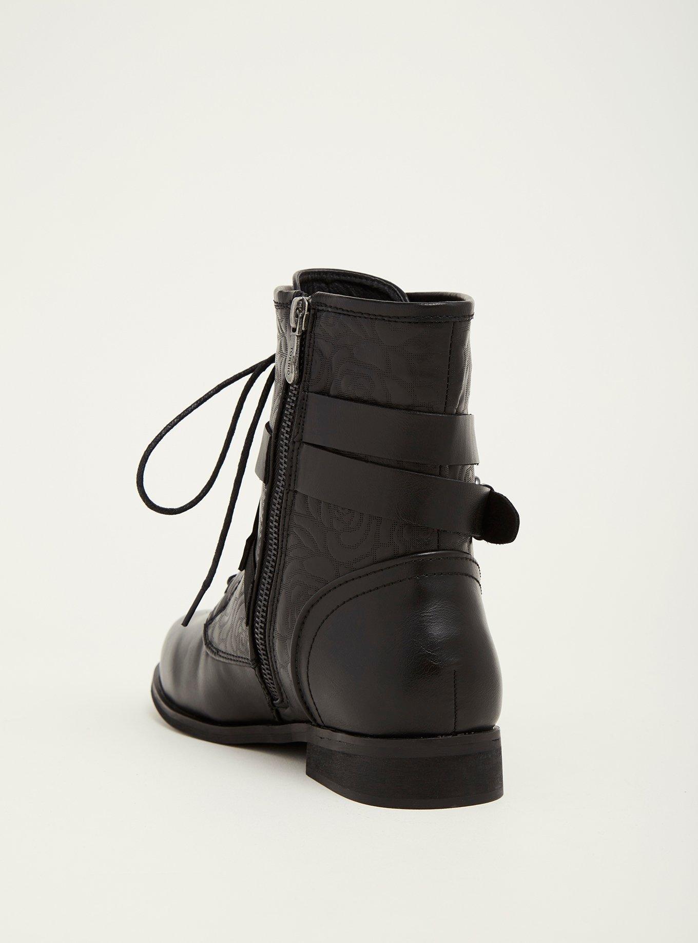 Plus Size Embossed Rose Faux Leather Combat Boots (Wide Width), BLACK, alternate