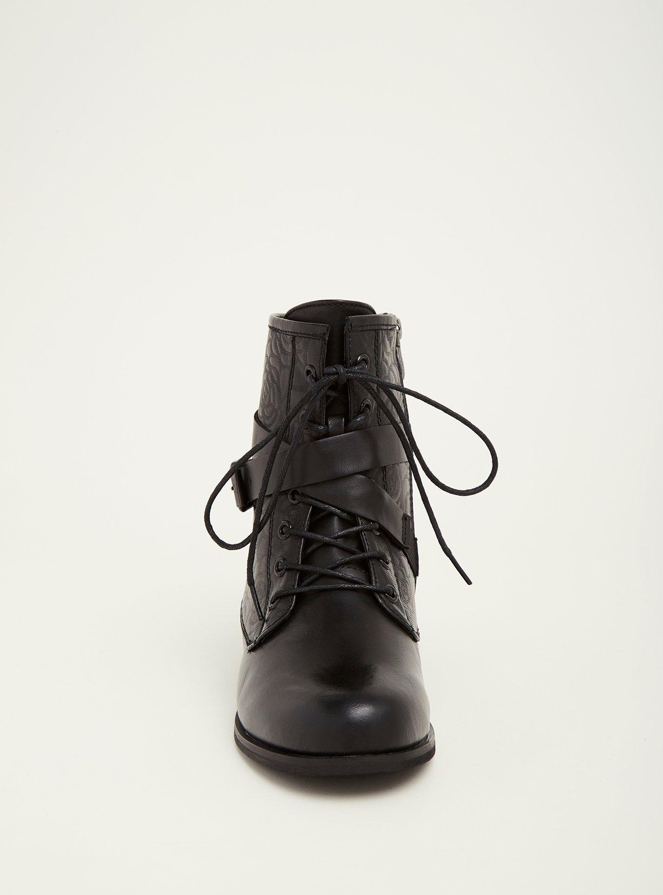 Plus Size Embossed Rose Faux Leather Combat Boots (Wide Width), BLACK, alternate