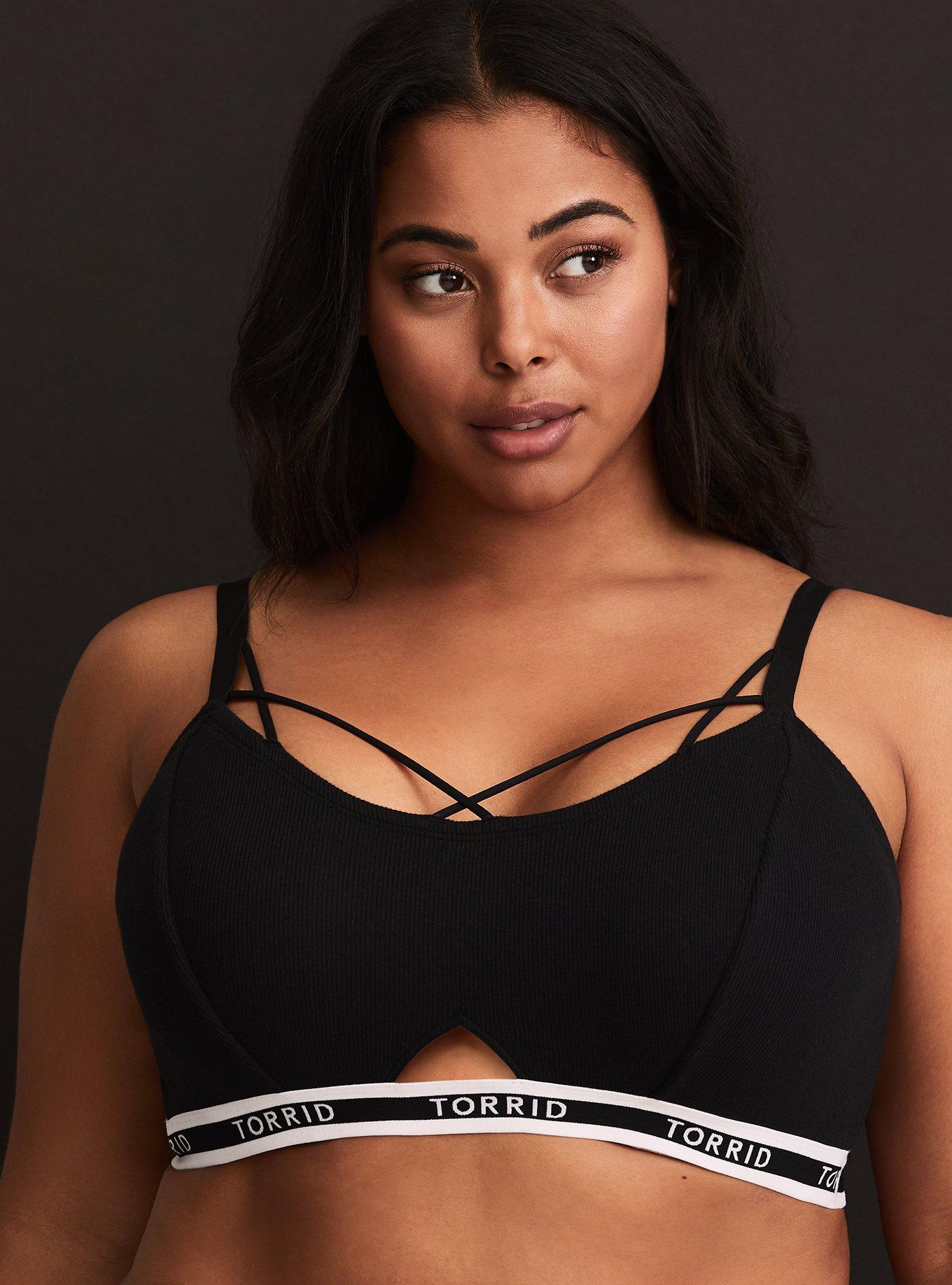 Torrid Logo Black Ribbed Cotton Bralette, RICH BLACK, hi-res