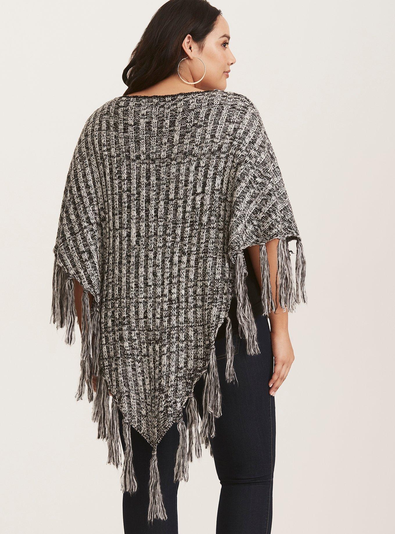 Plus Size - Grey Marled Knit Fringe Poncho - Torrid