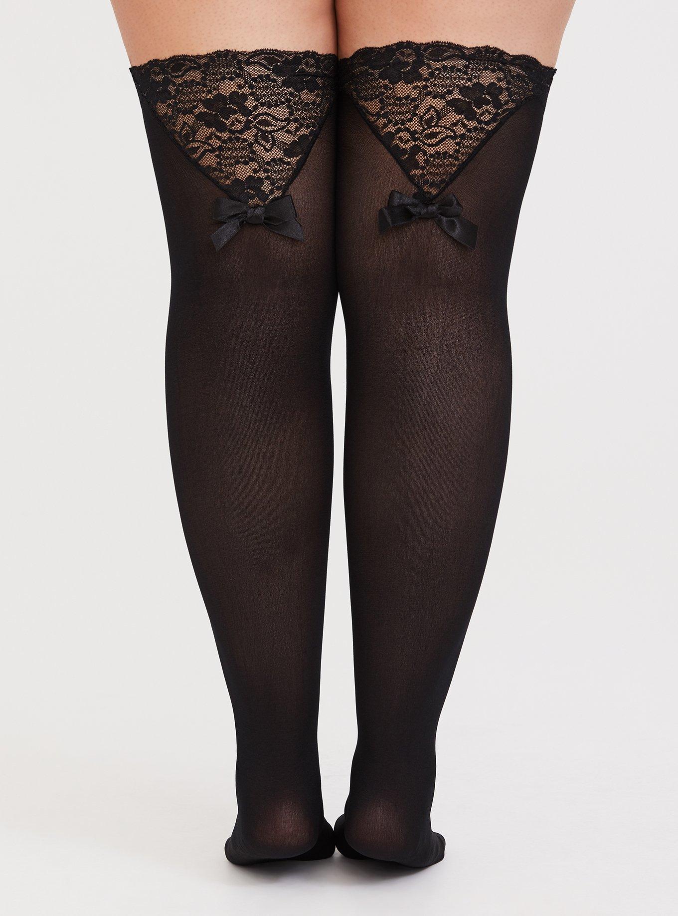 Plus Size - Black Lace Trimmed Thigh High Tights - Torrid