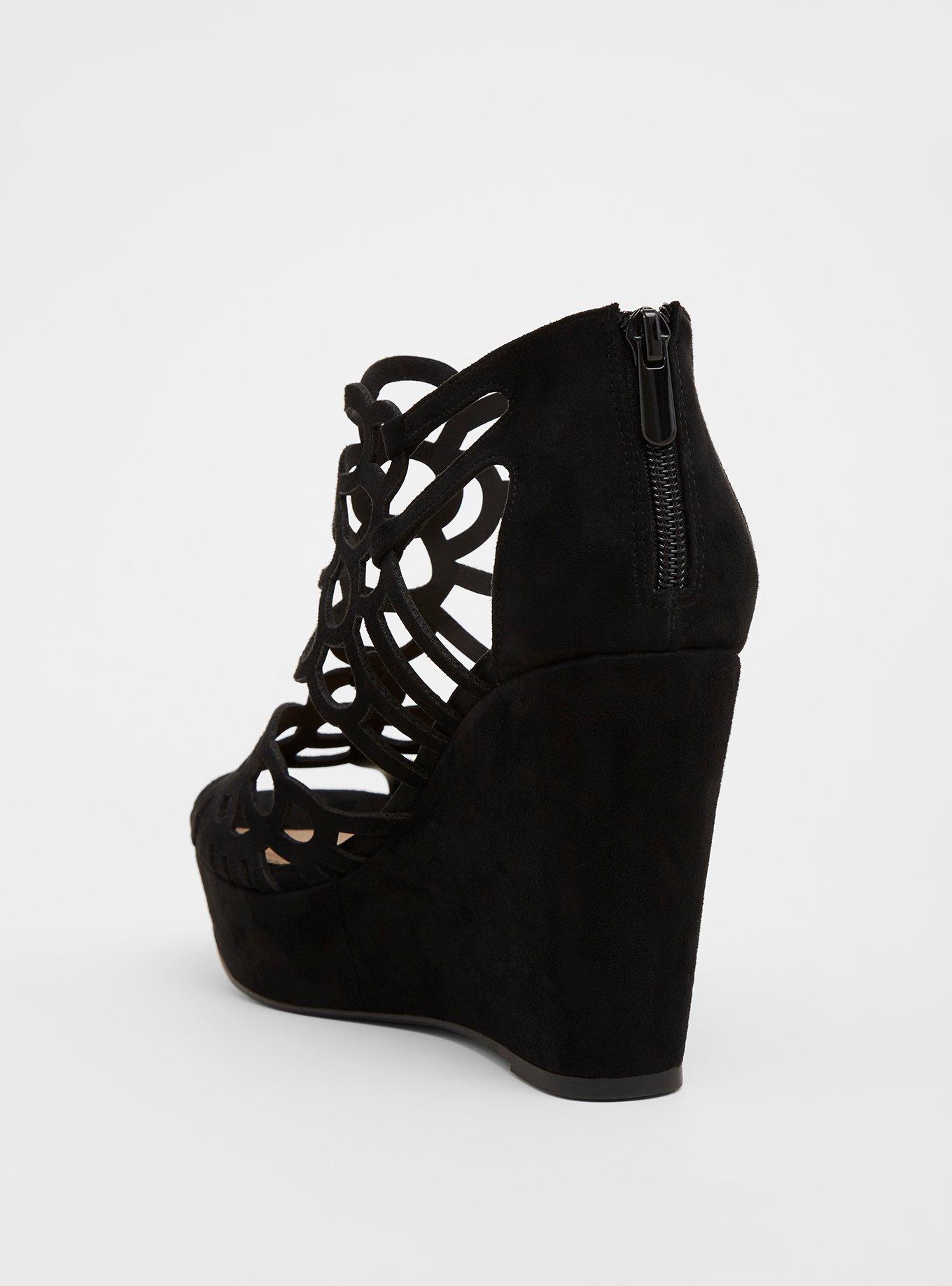 Black Faux Suede Laser Cut Platform Wedge (WW