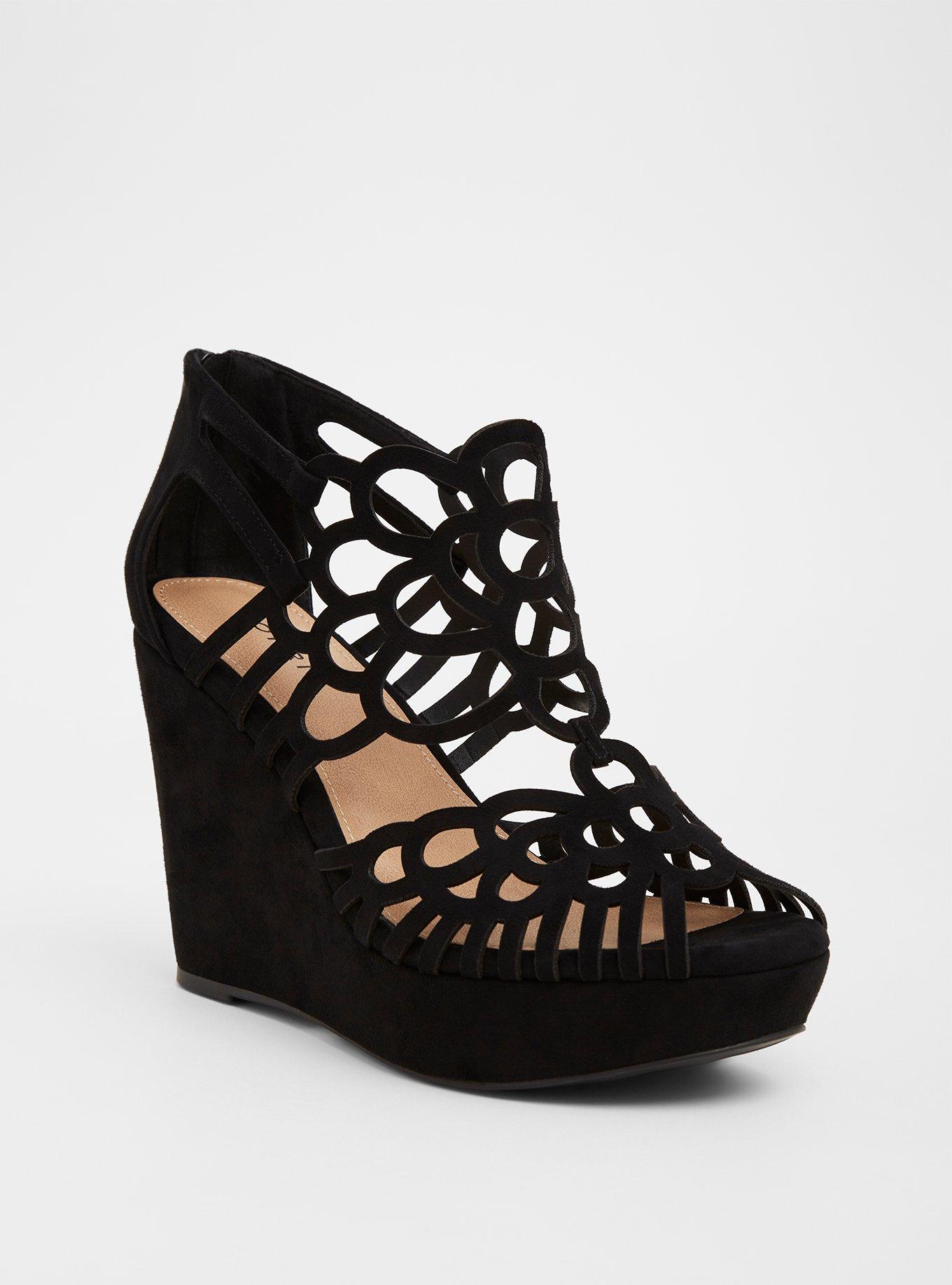 Plus Size - Black Faux Suede Laser Cut Platform Wedge (WW) - Torrid