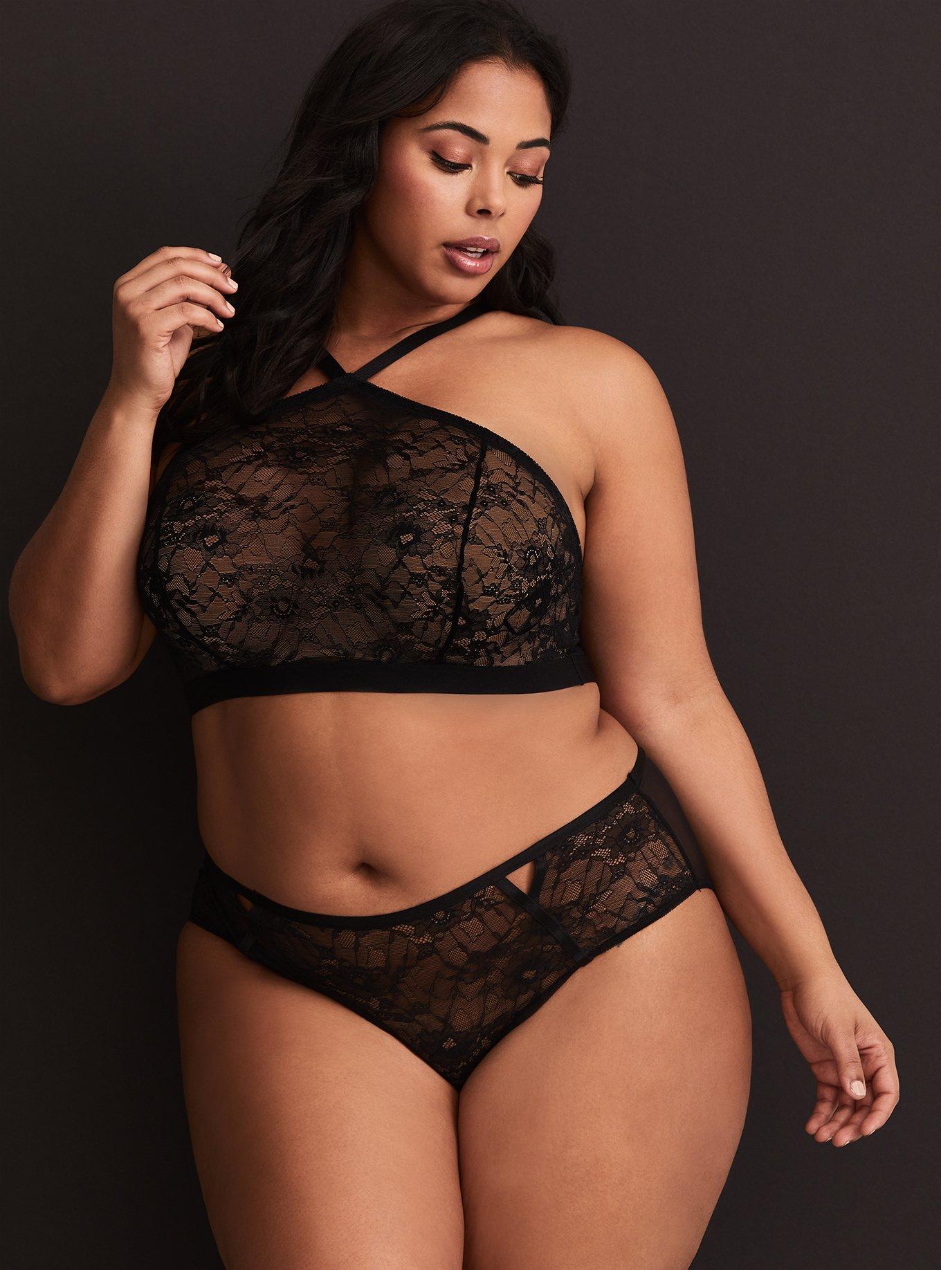 Plus Size Black Lace High Neck Bralette, RICH BLACK, alternate