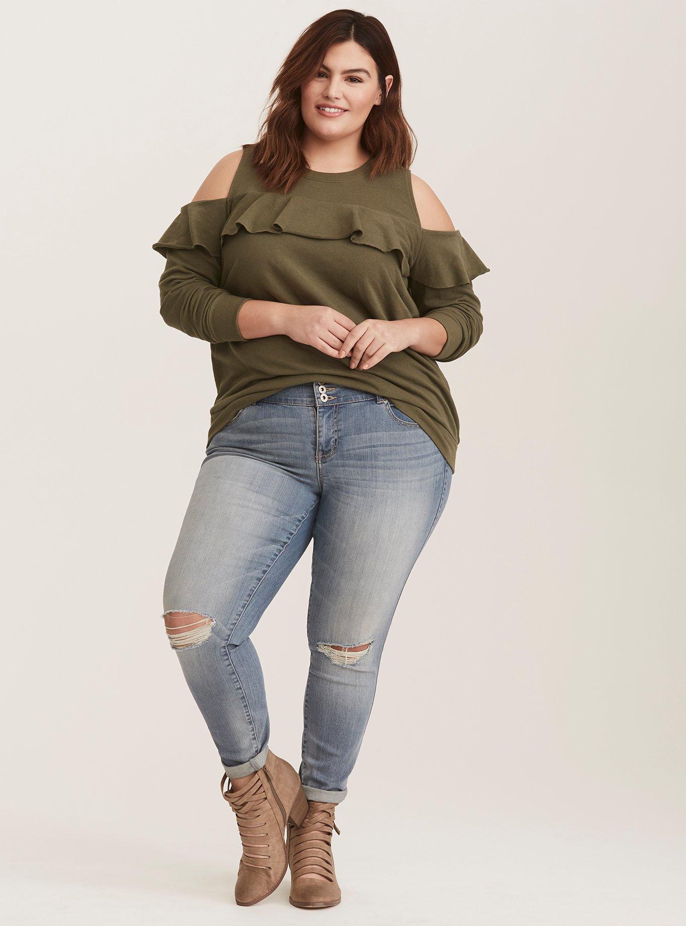 Plus Size Olive Ruffled Cold Shoulder Sweatshirt, BONSAI, alternate