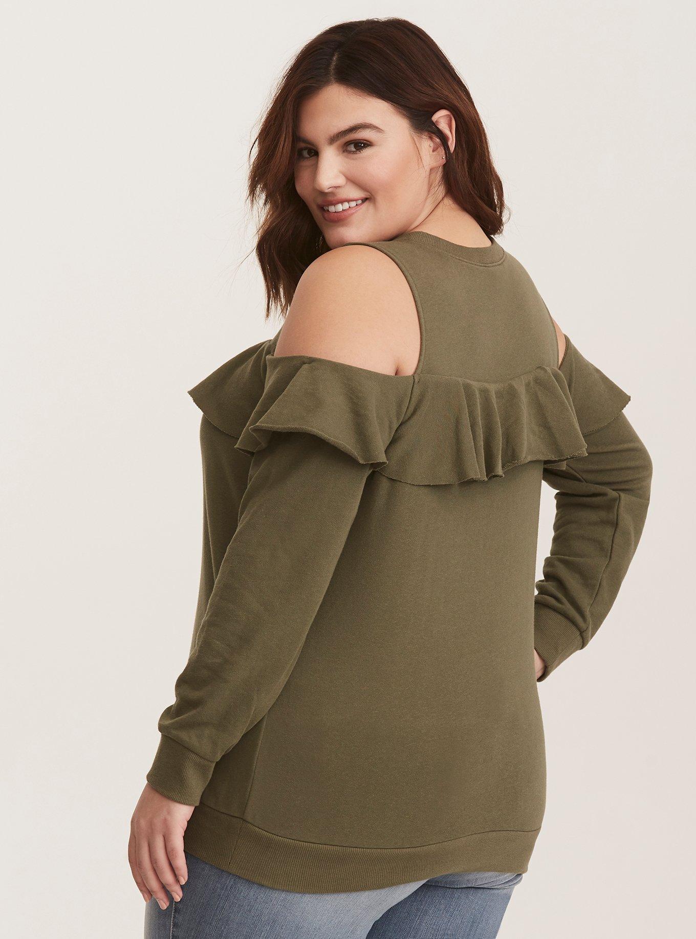 Plus Size Olive Ruffled Cold Shoulder Sweatshirt, BONSAI, alternate