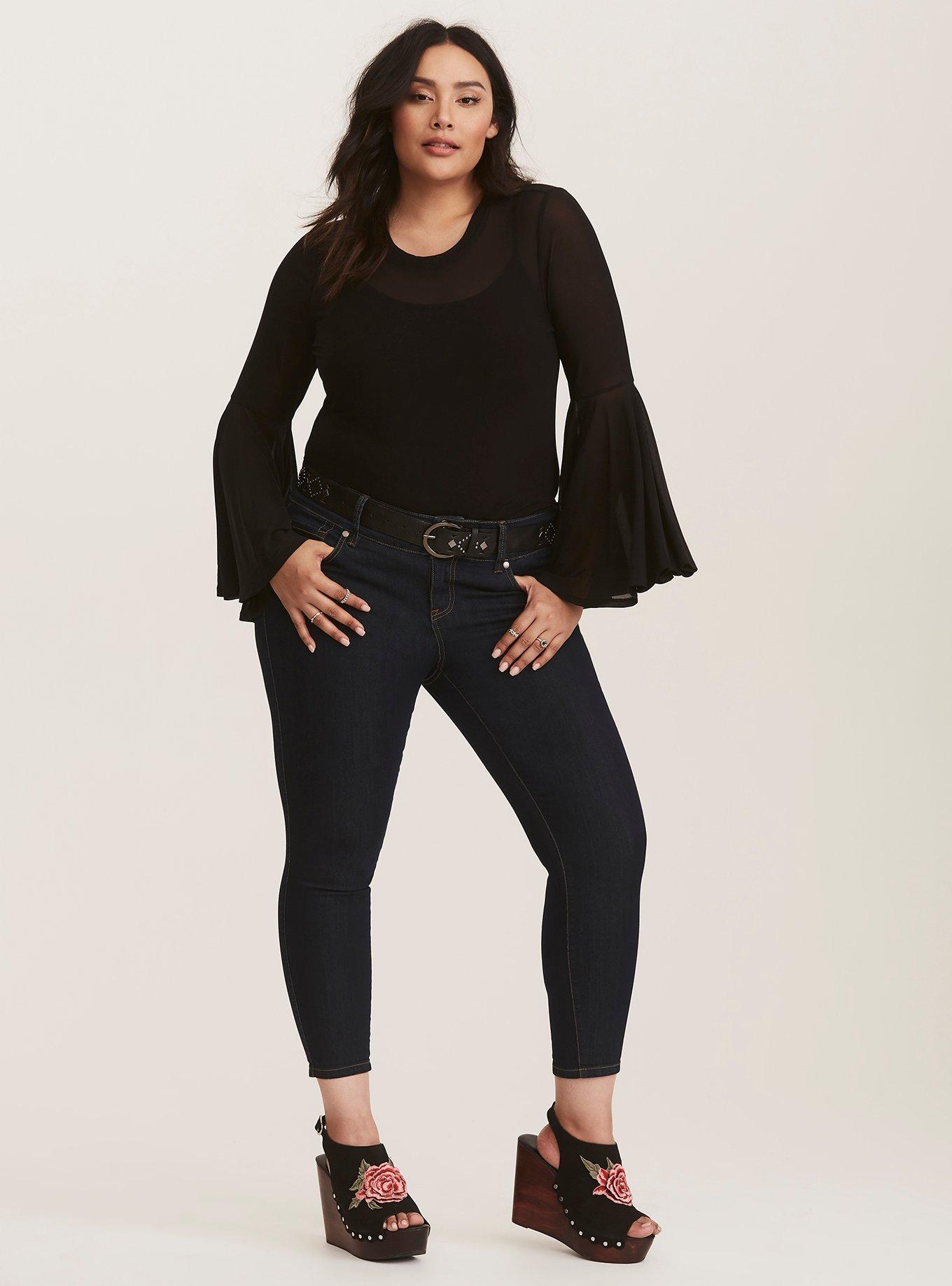 Plus Size Black Mesh Sleeve Faux Leather Top in 2023