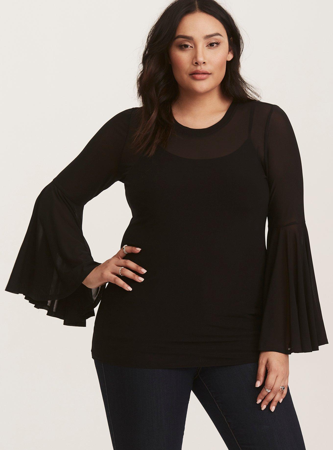 Black Mesh Bell Sleeve Top