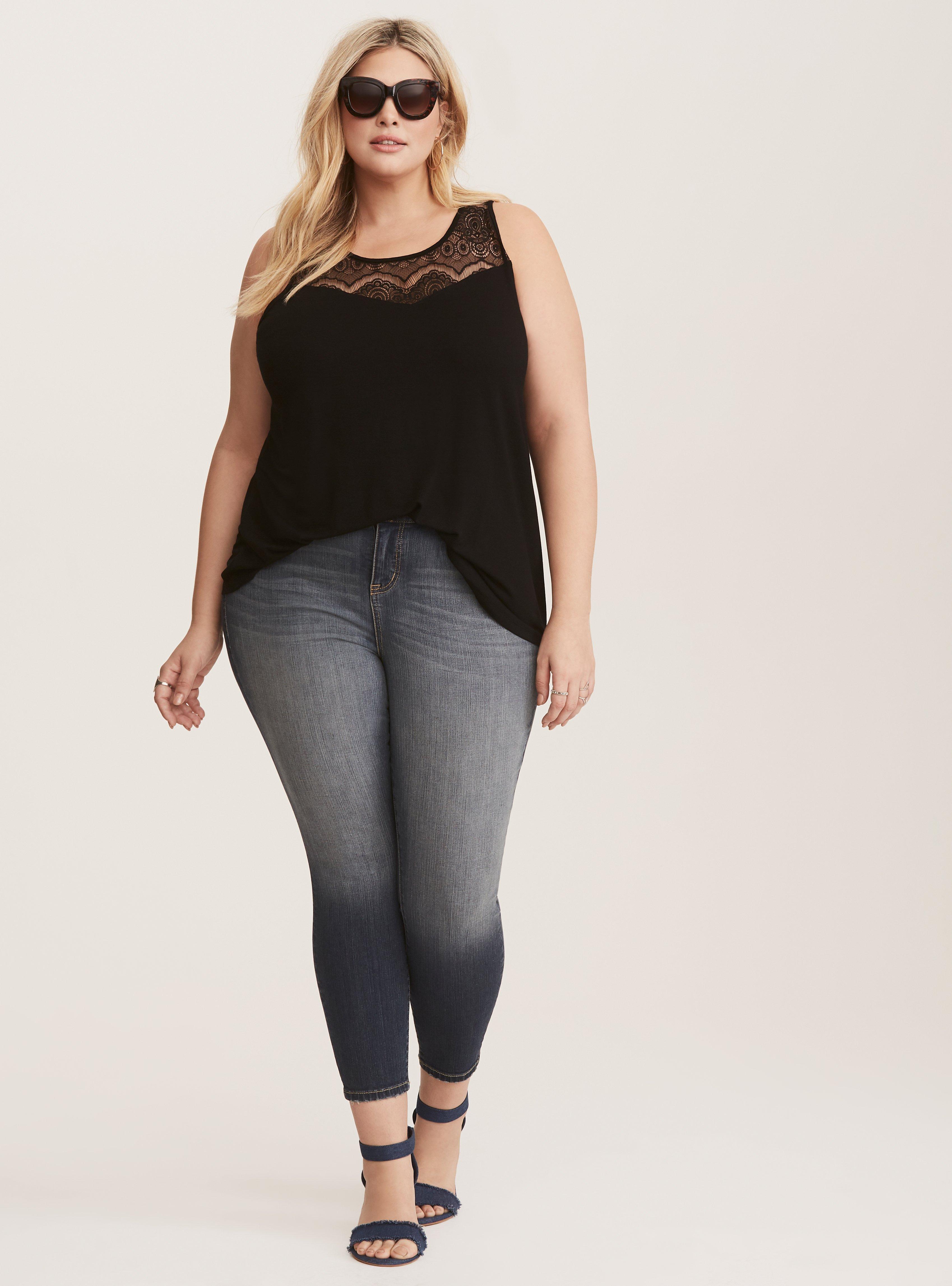 Plus Size Super Soft Black Lace Inset Tank, DEEP BLACK, alternate