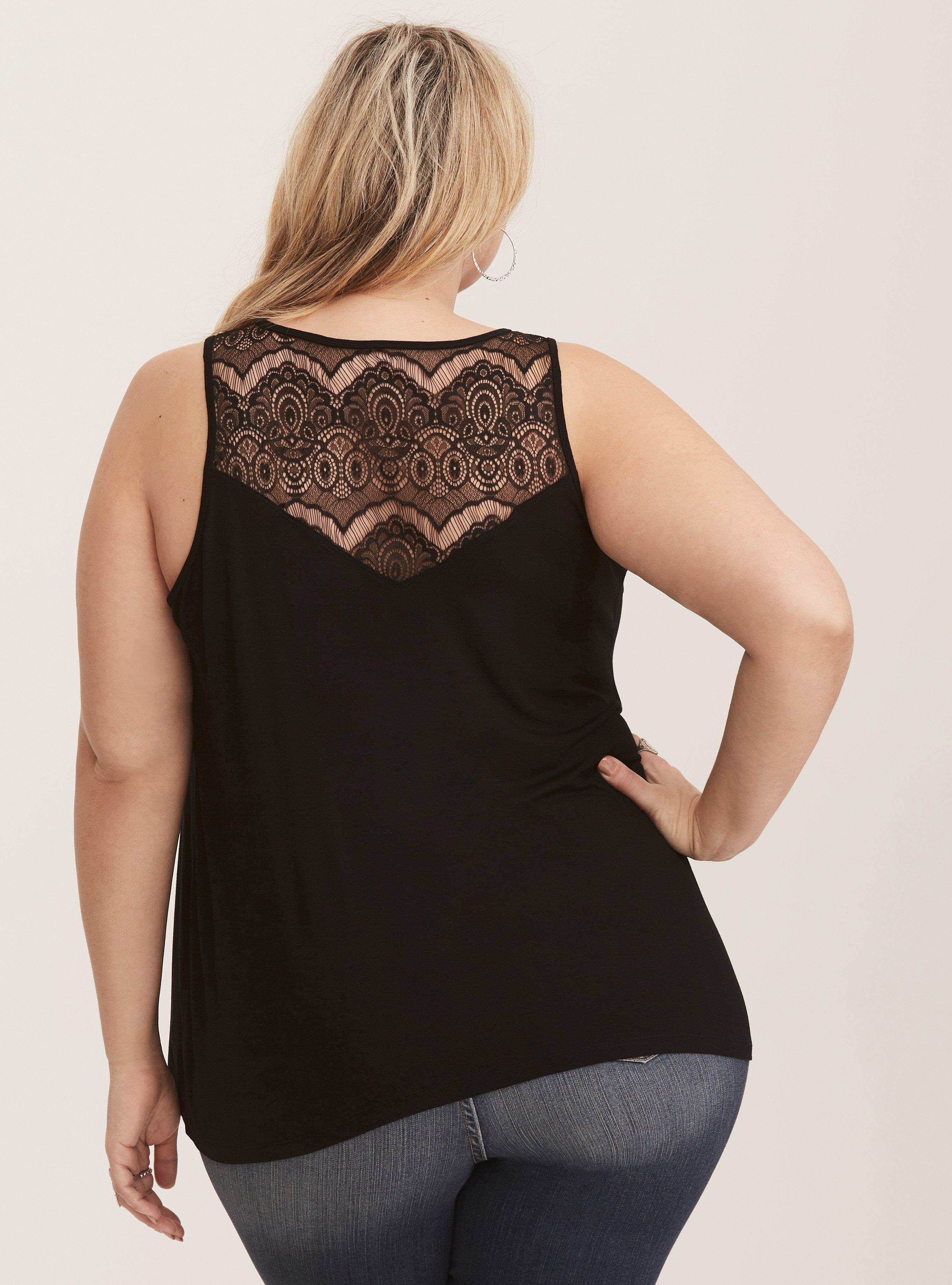 Plus Size Super Soft Black Lace Inset Tank, DEEP BLACK, alternate