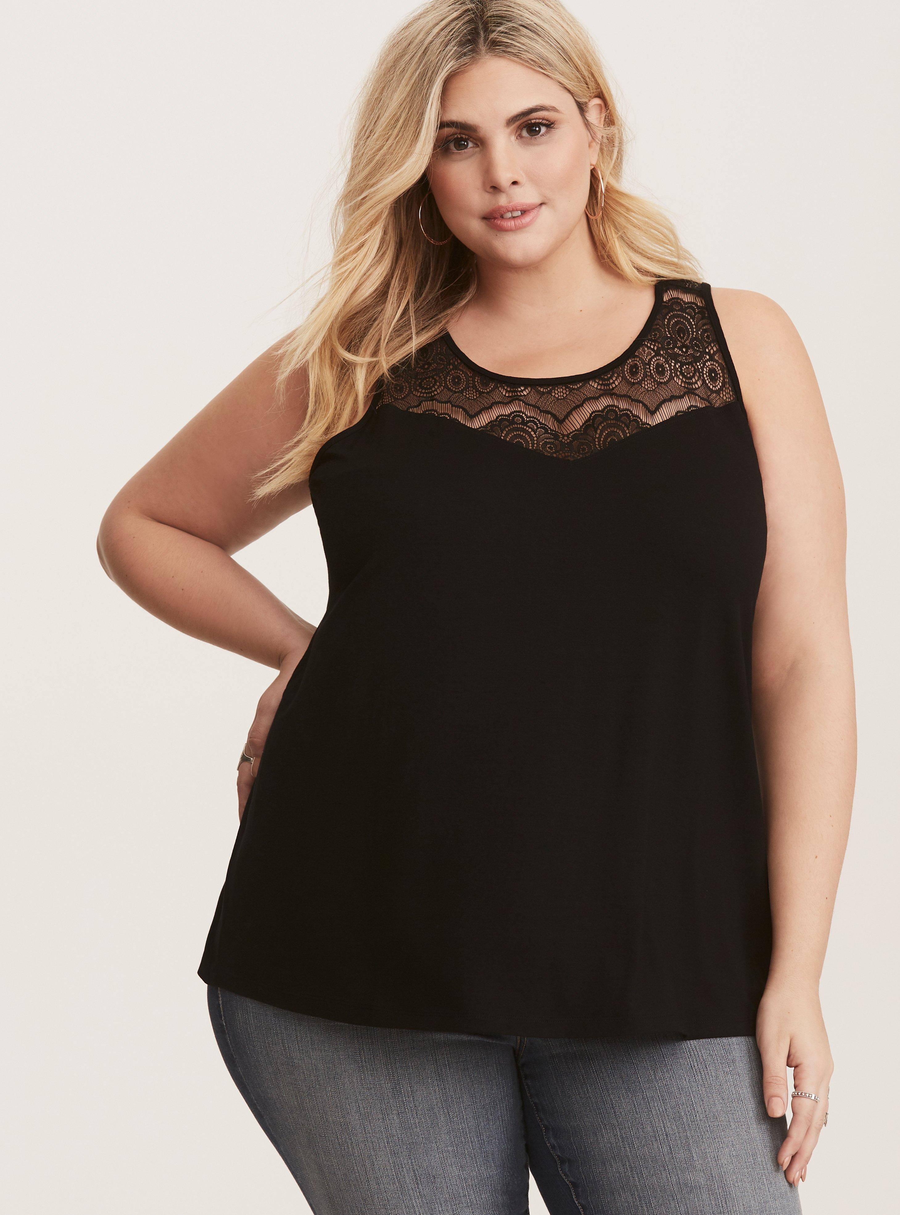 Plus Size Super Soft Black Lace Inset Tank, DEEP BLACK, hi-res