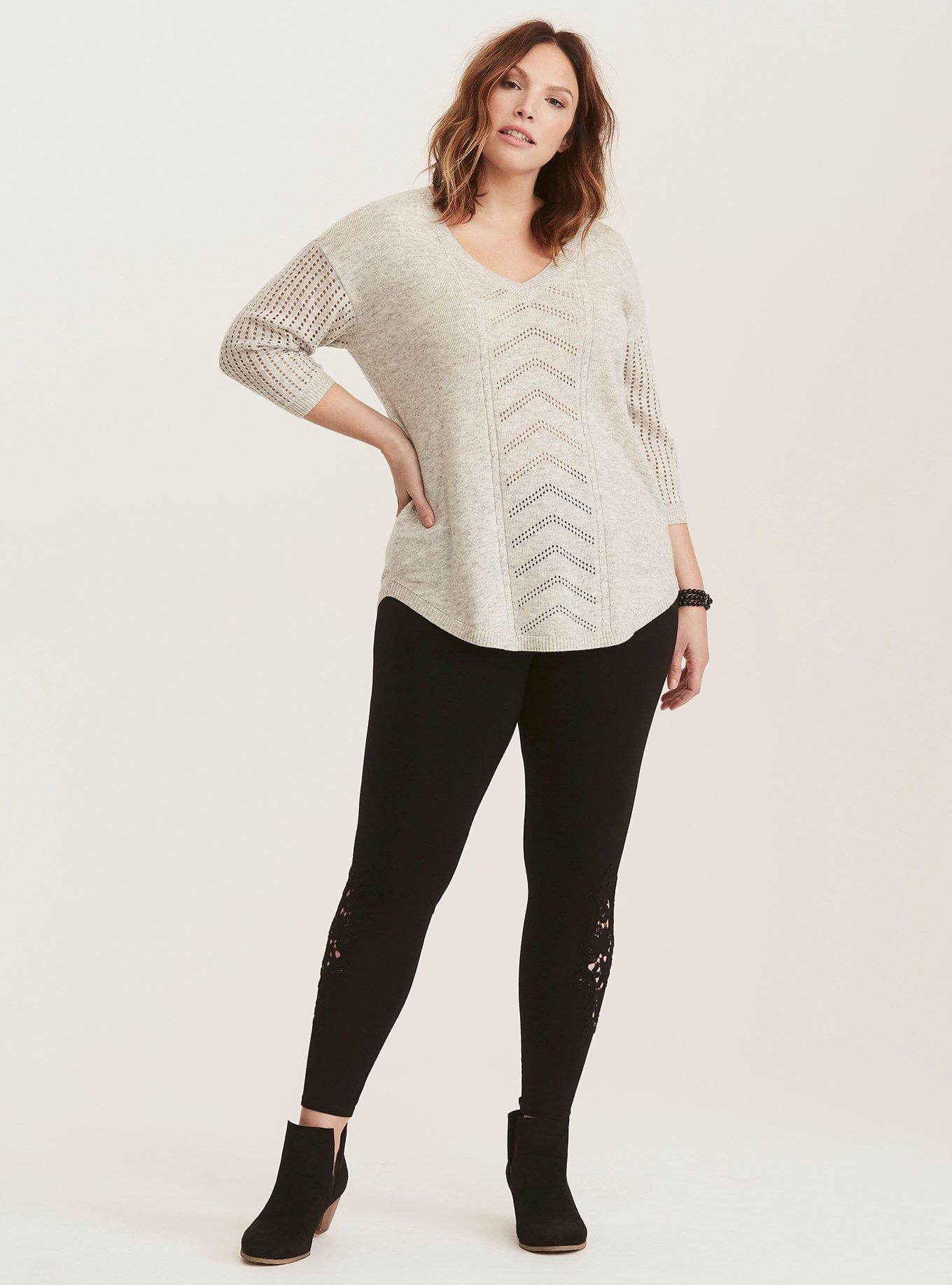 Plus Size Pointelle Pullover V-Neck Sweater, , alternate