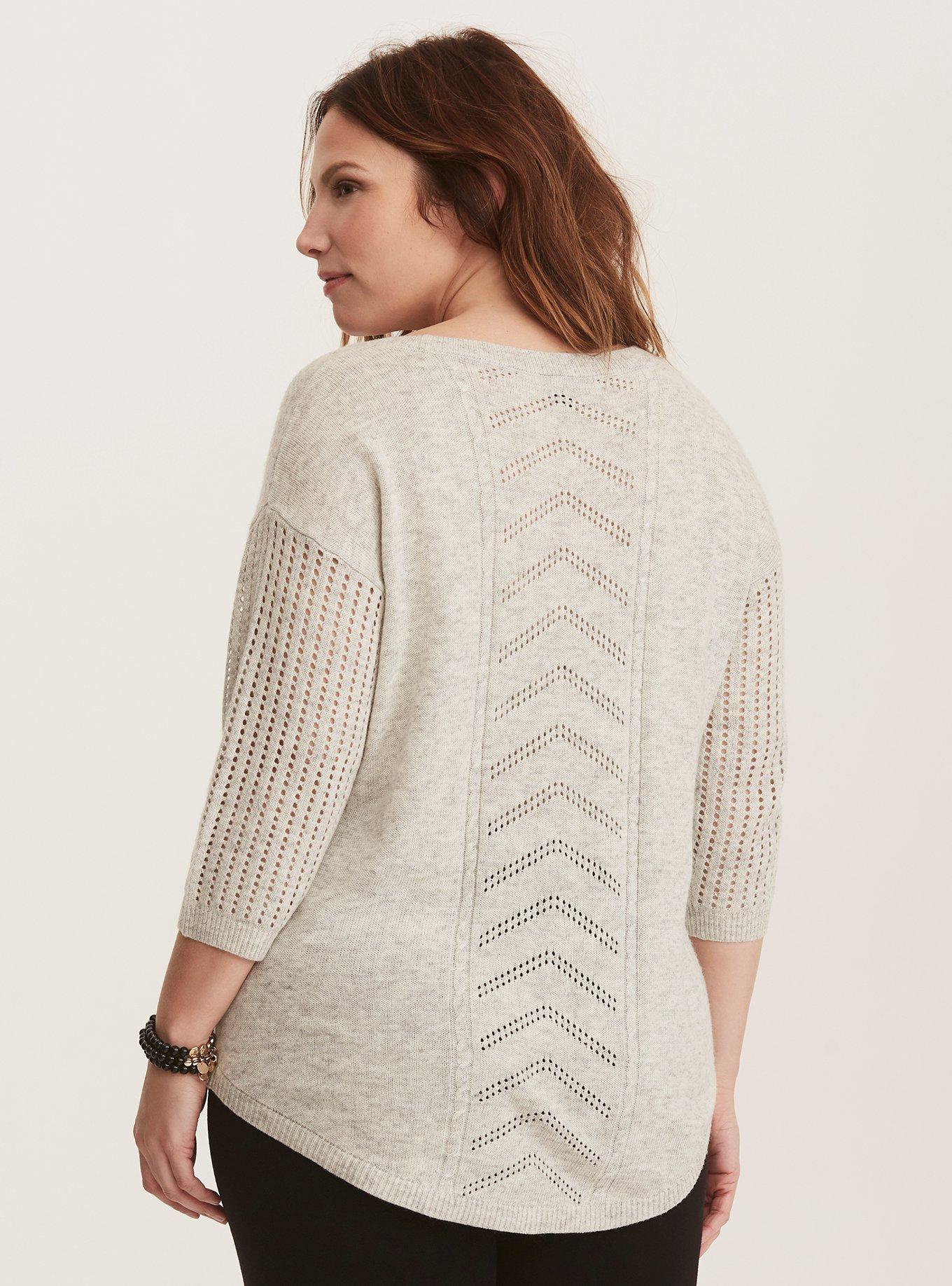 Plus Size Pointelle Pullover V-Neck Sweater, , alternate