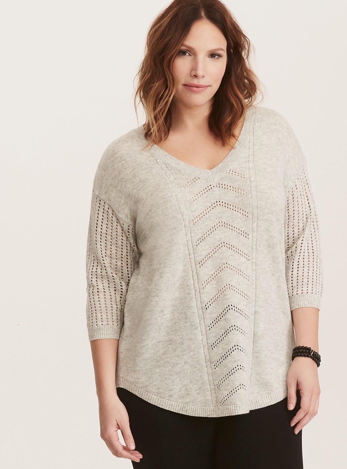 Plus Size Pointelle Pullover V-Neck Sweater, , hi-res