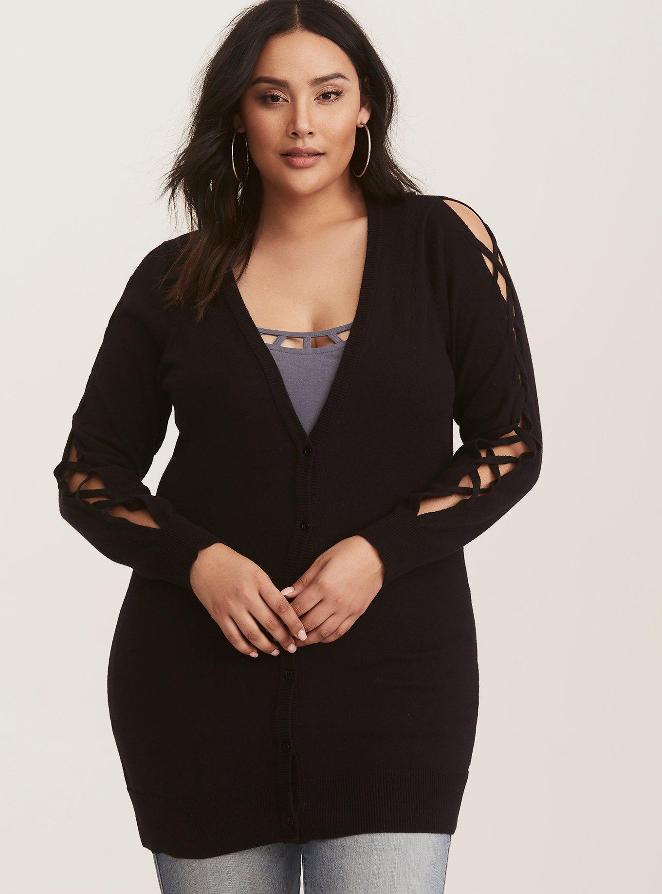Black Lattice Knit Boyfriend Cardigan, DEEP BLACK, alternate