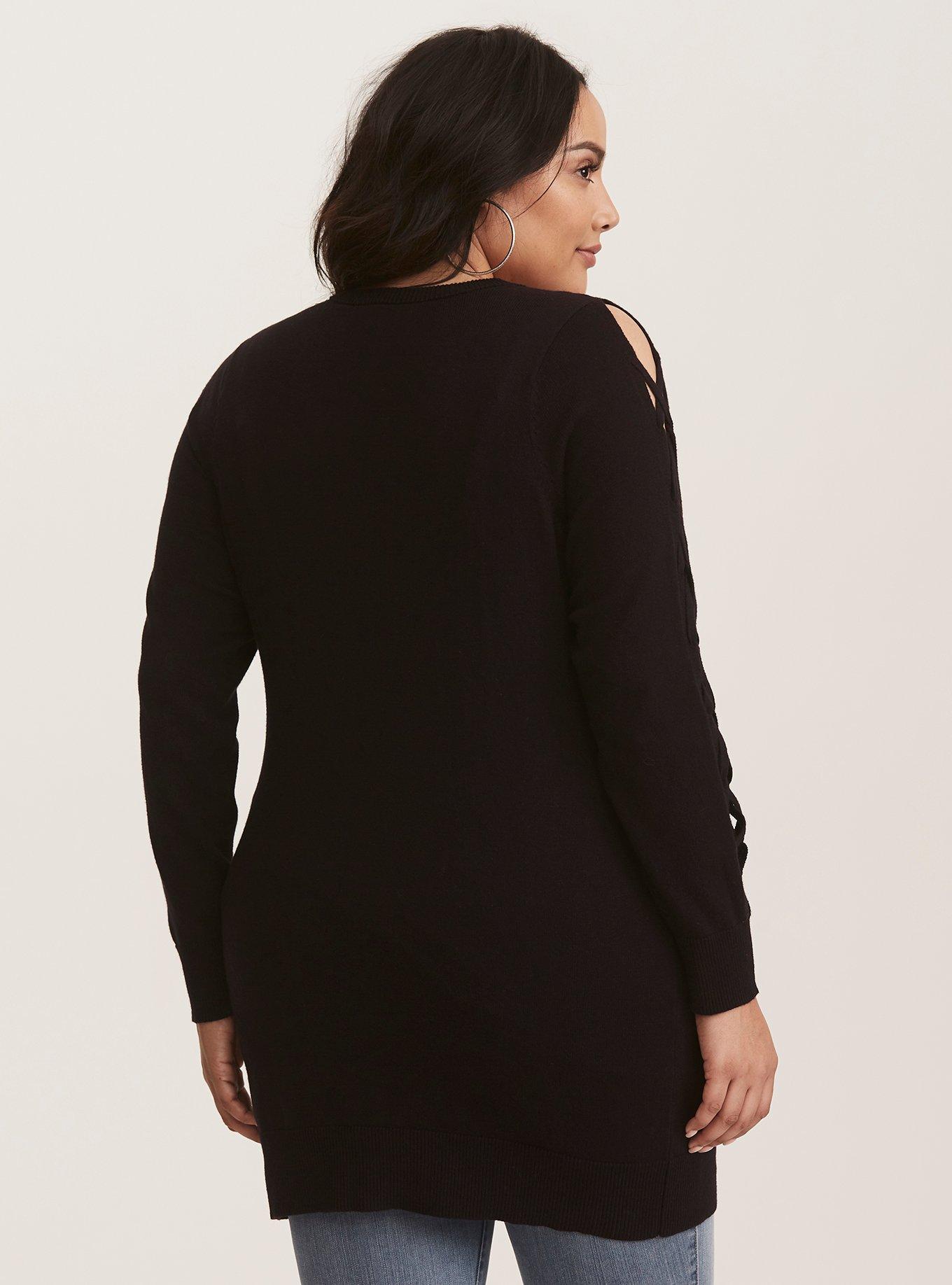 Black Lattice Knit Boyfriend Cardigan, DEEP BLACK, alternate