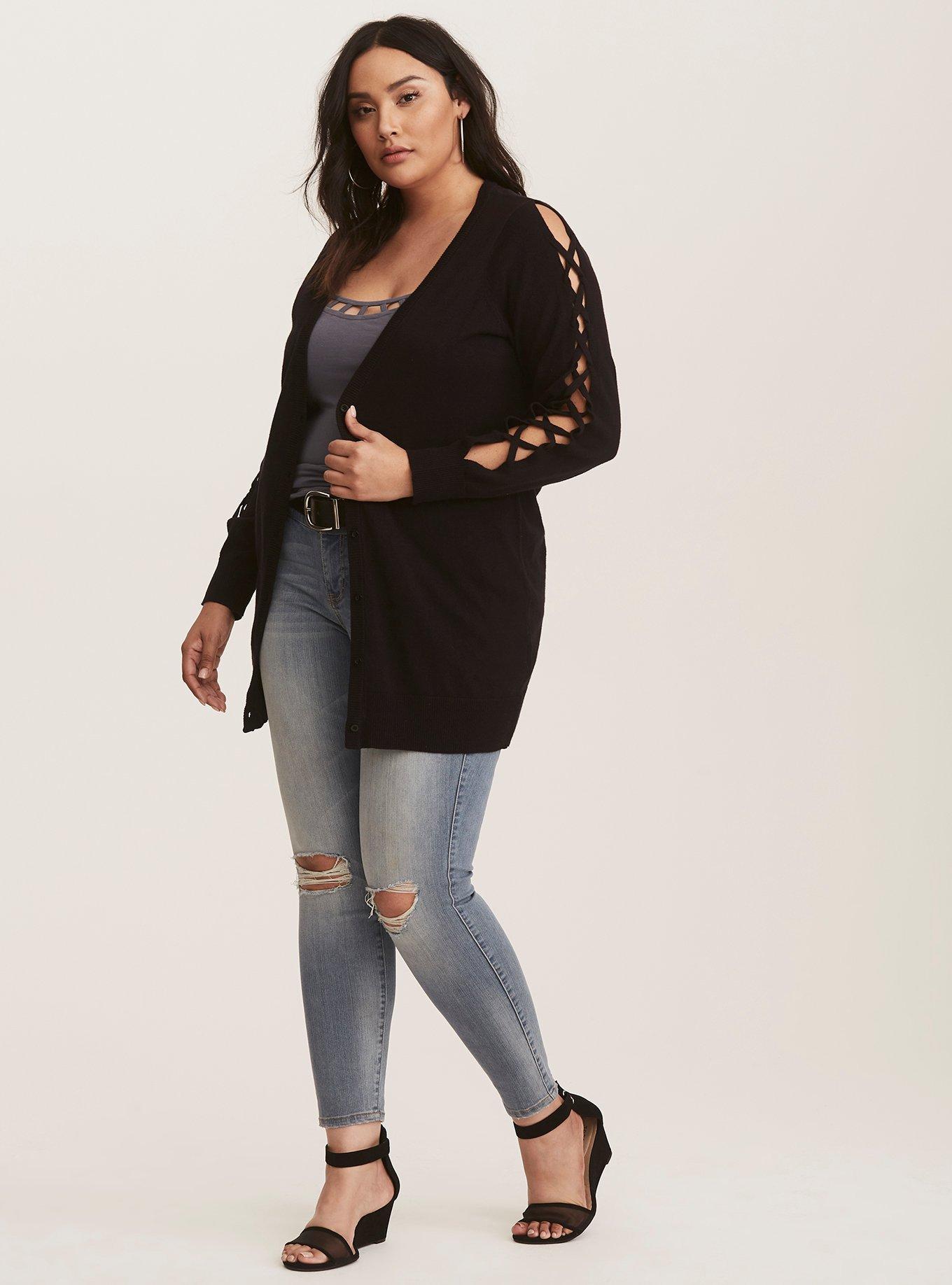 Black Lattice Knit Boyfriend Cardigan, DEEP BLACK, hi-res