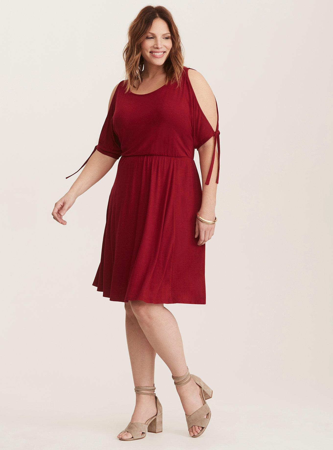 Plus Size Red Cold Shoulder Jersey Skater Dress, JESTER RED, alternate