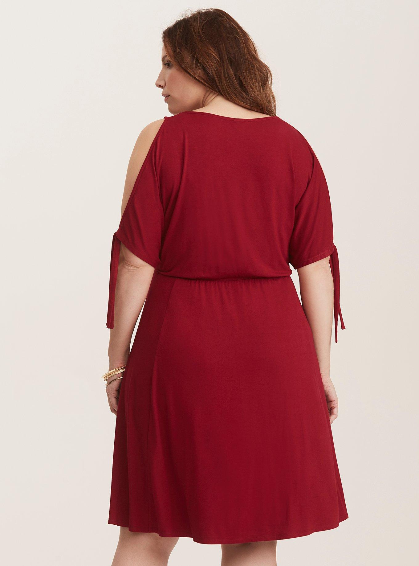 Plus Size Red Cold Shoulder Jersey Skater Dress, JESTER RED, alternate