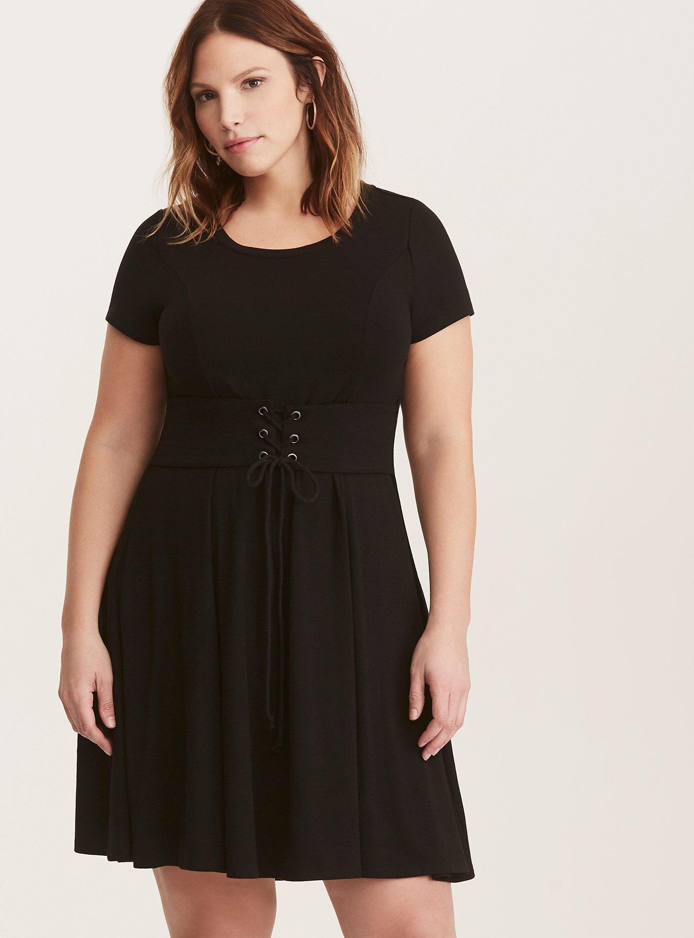 Plus Size - Black Lace Up Corset Jersey Knit Tee Shirt Dress - Torrid