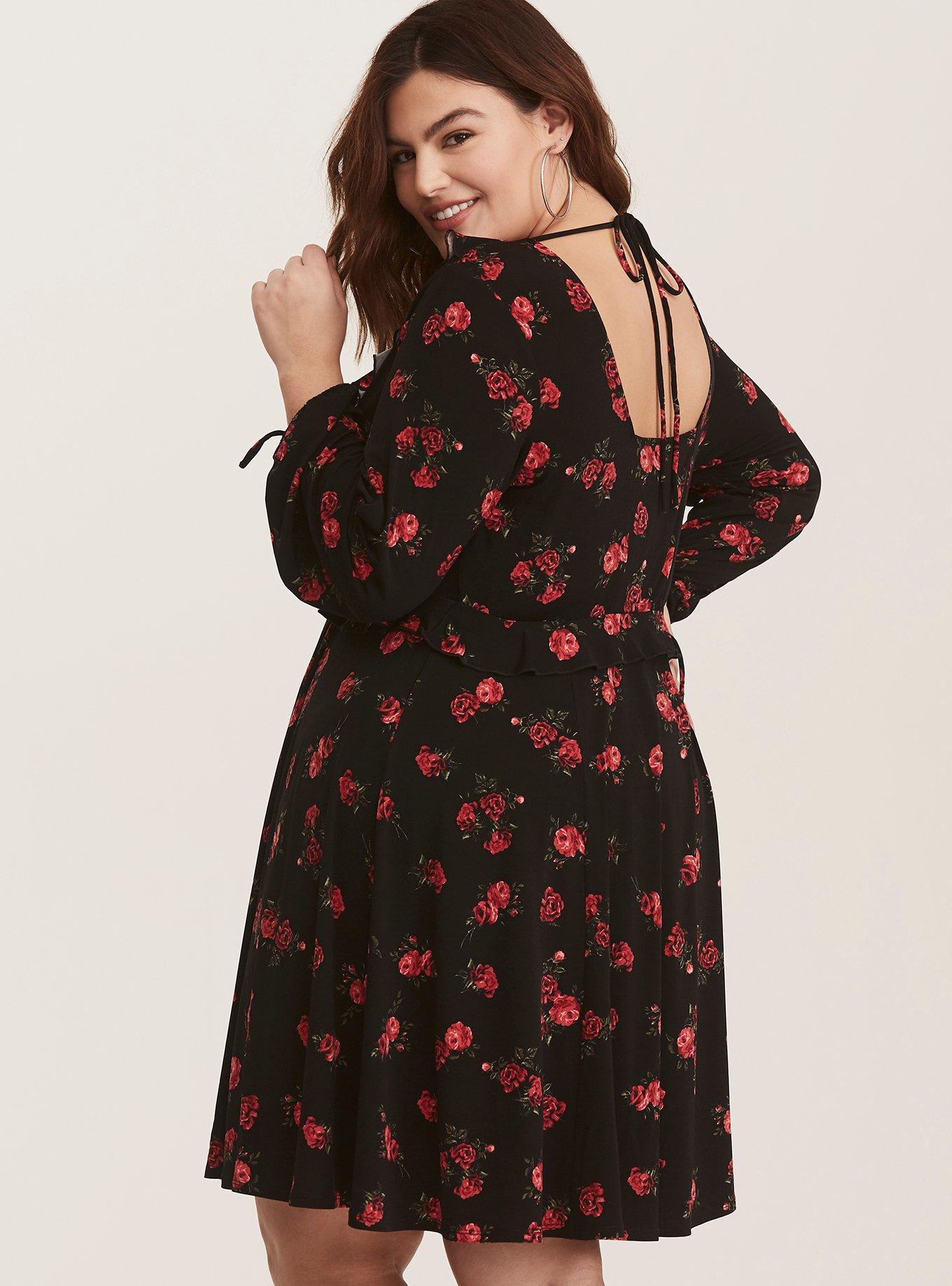 Plus Size - Black Floral Jersey Knit Skater Dress - Torrid