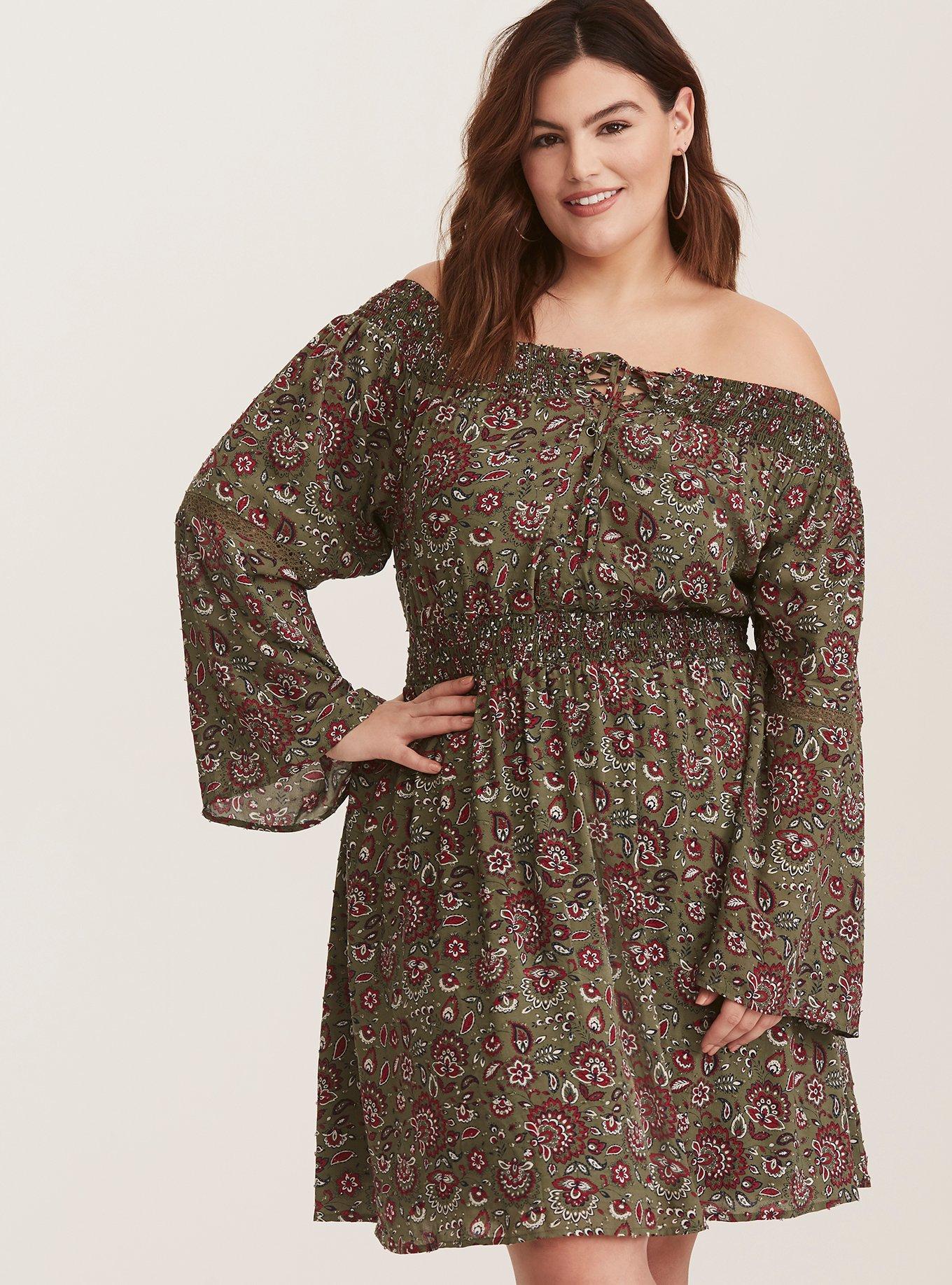 Plus Size - Multi Color Floral Off Shoulder Lace Up Challis Skater ...