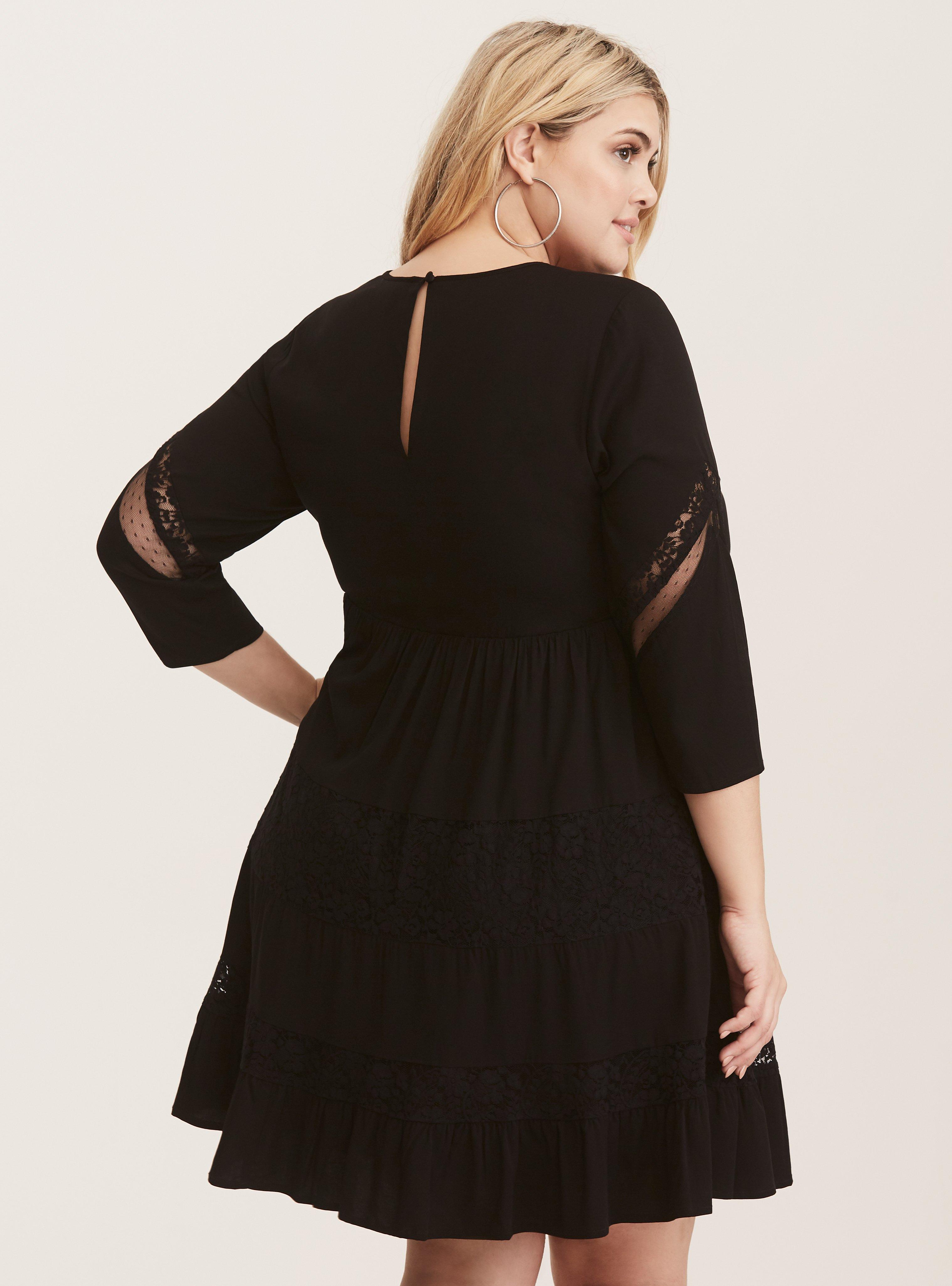 Plus Size - Black Lace Inset Long Sleeved Challis Skater Dress - Torrid