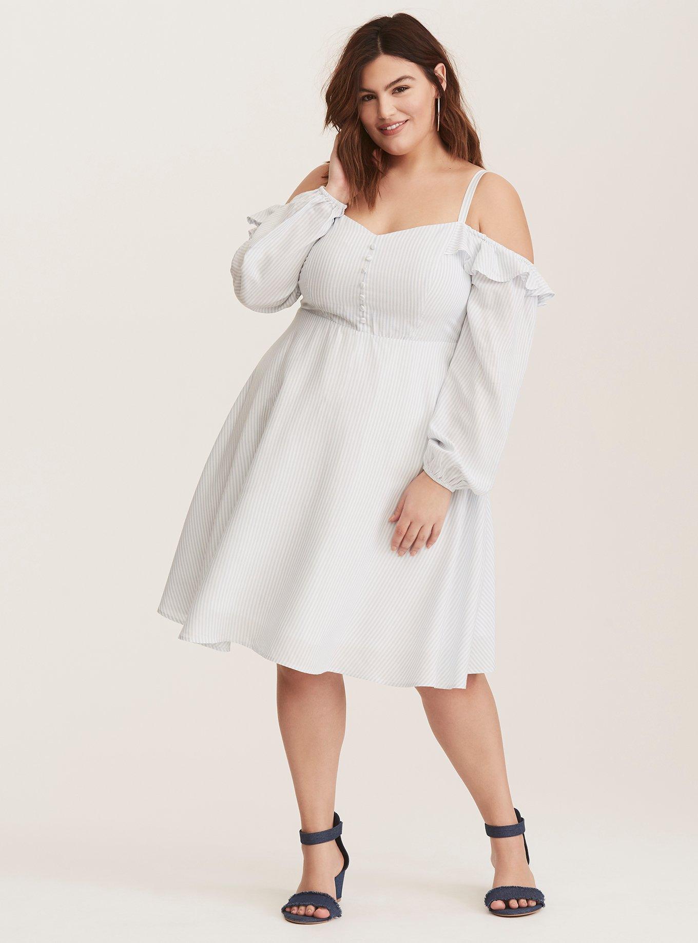 Torrid Plus Size 1 MULTI STRIPE CHALLIS OFF SHOULDER MIDI SKATER