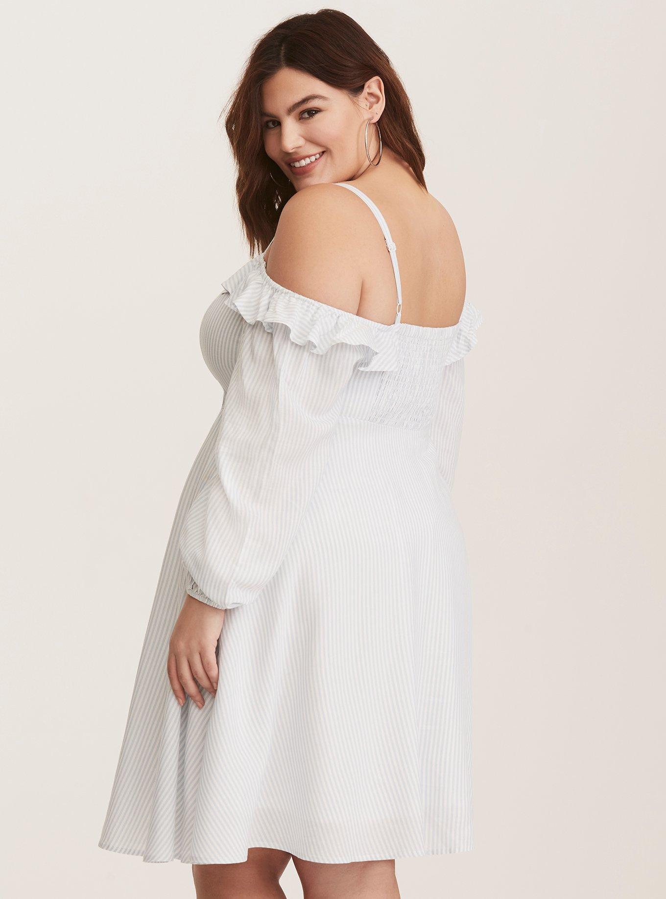 Blue White Striped Cold Shoulder Challis Dress, FLORAL PRINT, alternate