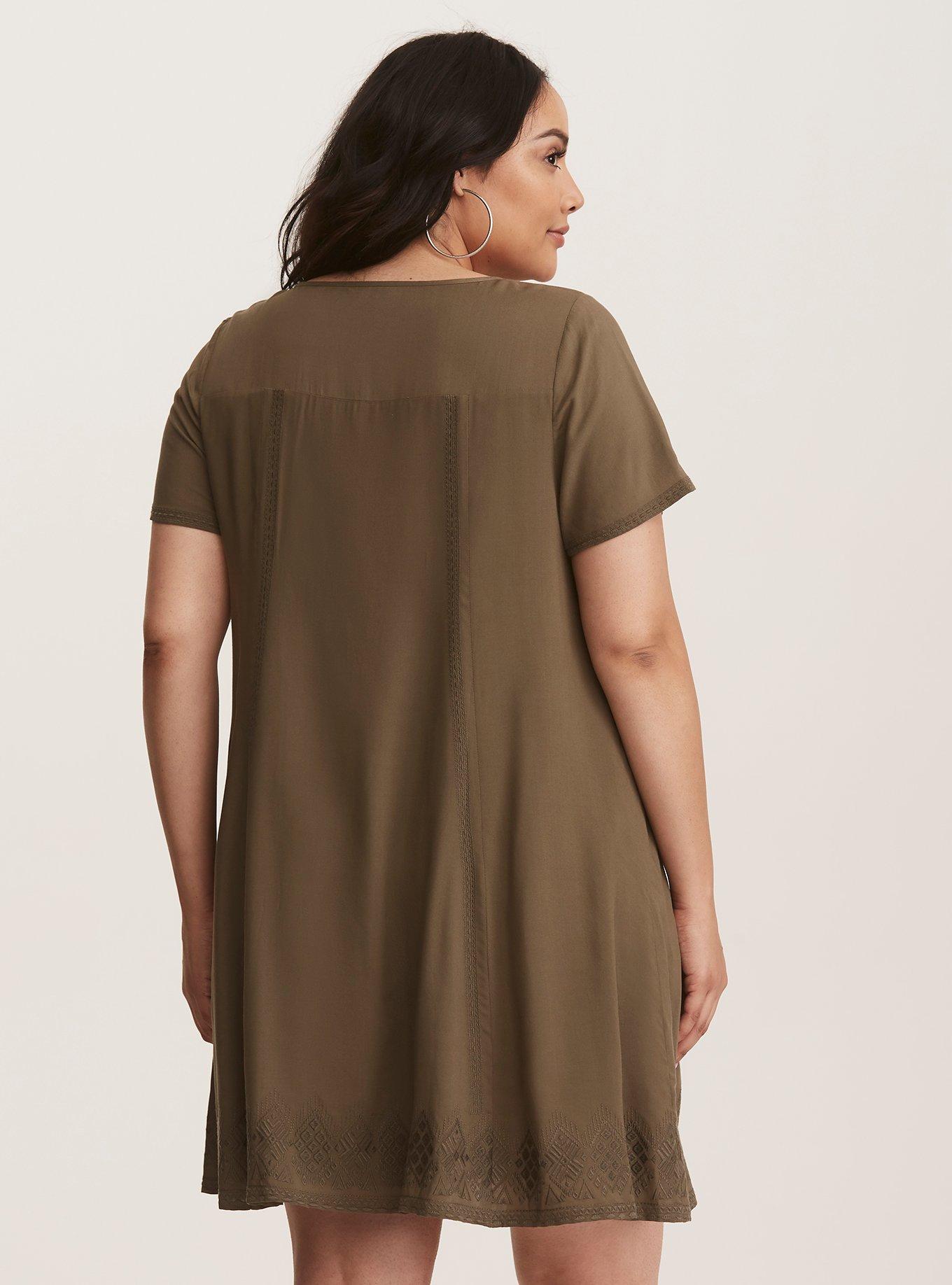 Plus Size Olive Embroidered Challis Trapeze Dress, BONSAI, alternate