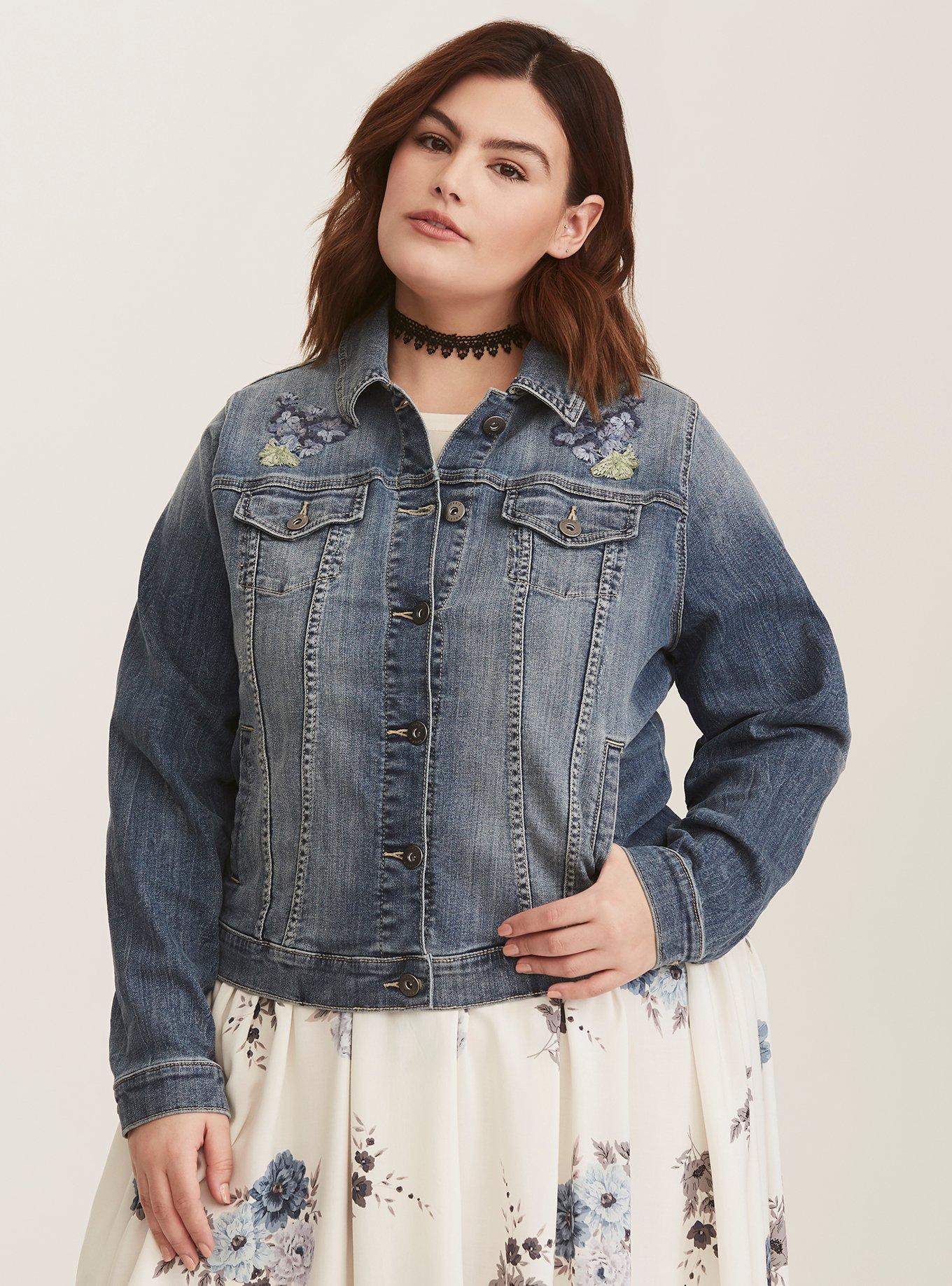 Plus Size Floral Butterfly Embroidered Denim Jacket Torrid