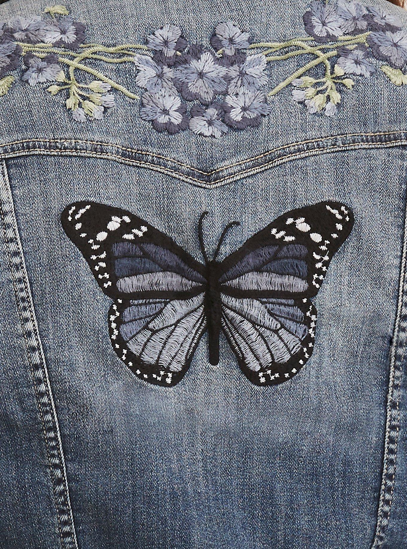 Plus Size - Floral Butterfly Embroidered Denim Jacket - Torrid