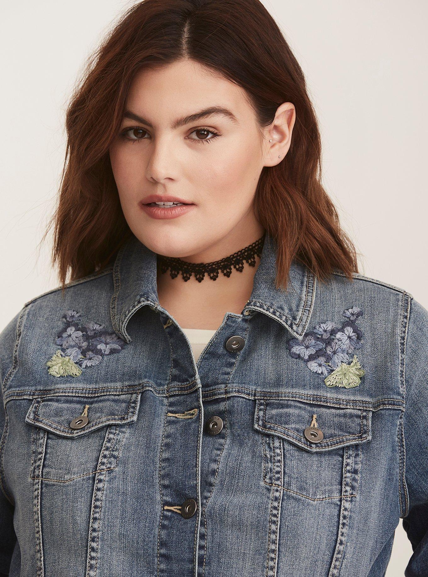 Embroidered denim shop jacket plus size