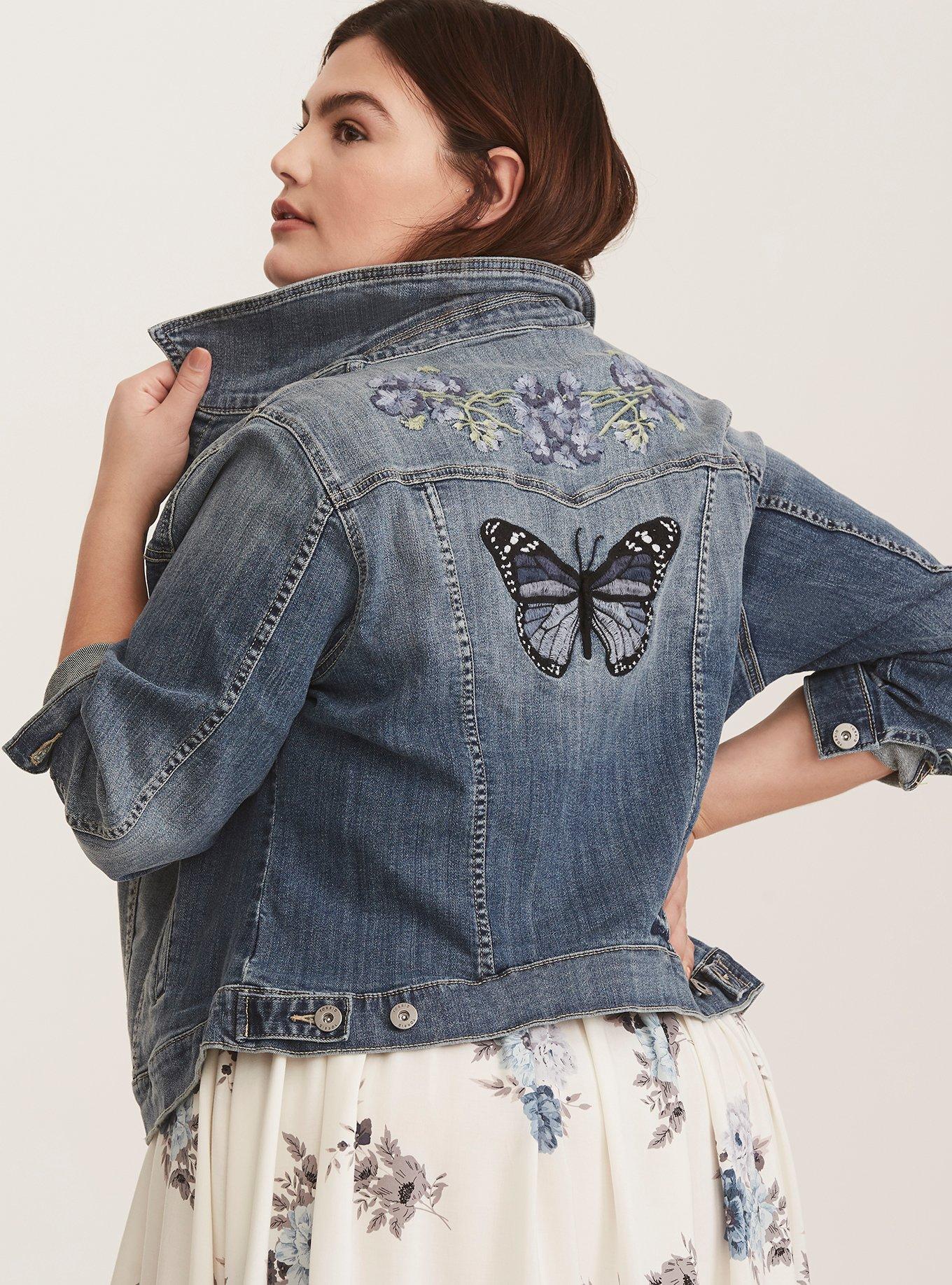 Women Denim Jacket Coat Floral Embroidery Casual Slim Outwear Vintage Blue  Embroidered Jeans Jacket