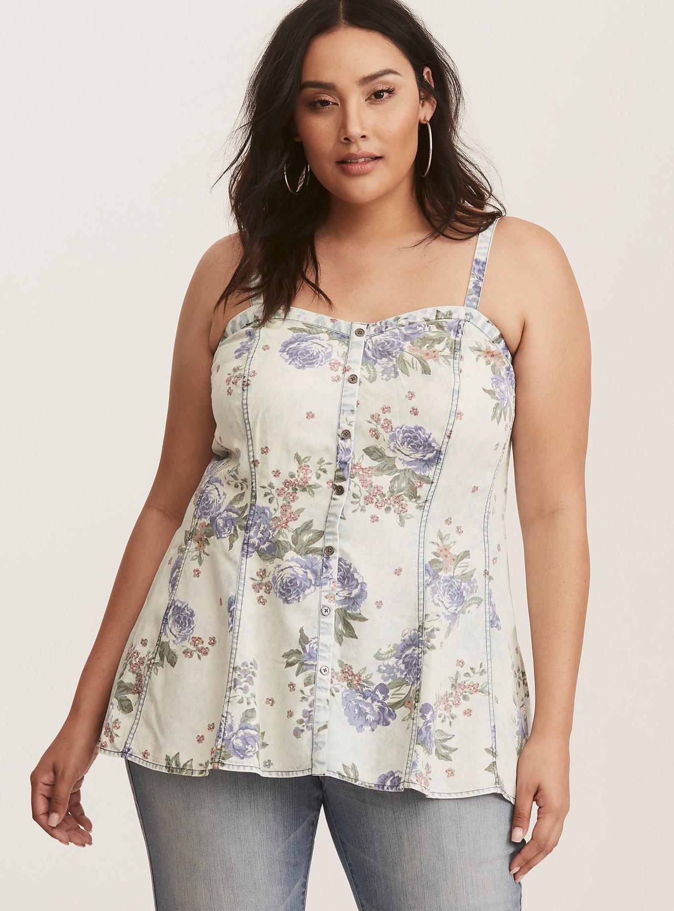 Plus Size - Multi-Color Floral Print Denim Seamed Cami Top - Torrid