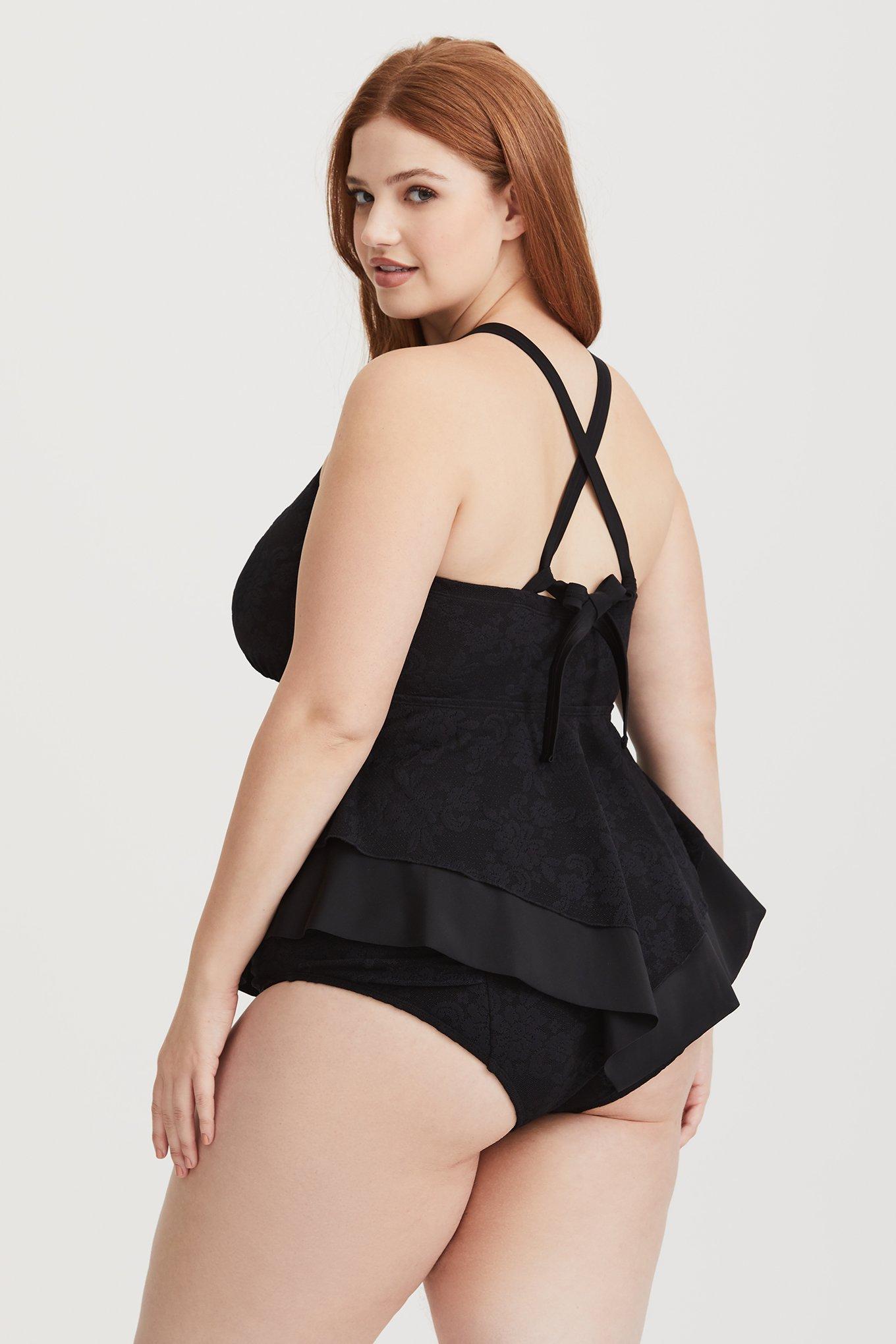 Black Lace Surplice Tankini, DEEP BLACK, alternate