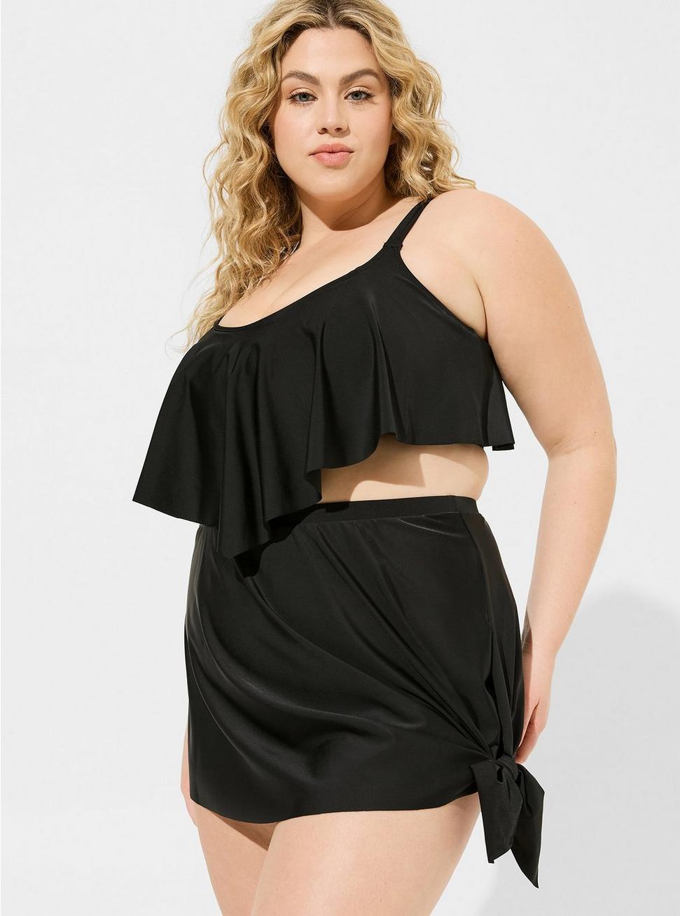 High Rise Mid Length Side Tie Swim Skirt With Brief, DEEP BLACK, hi-res