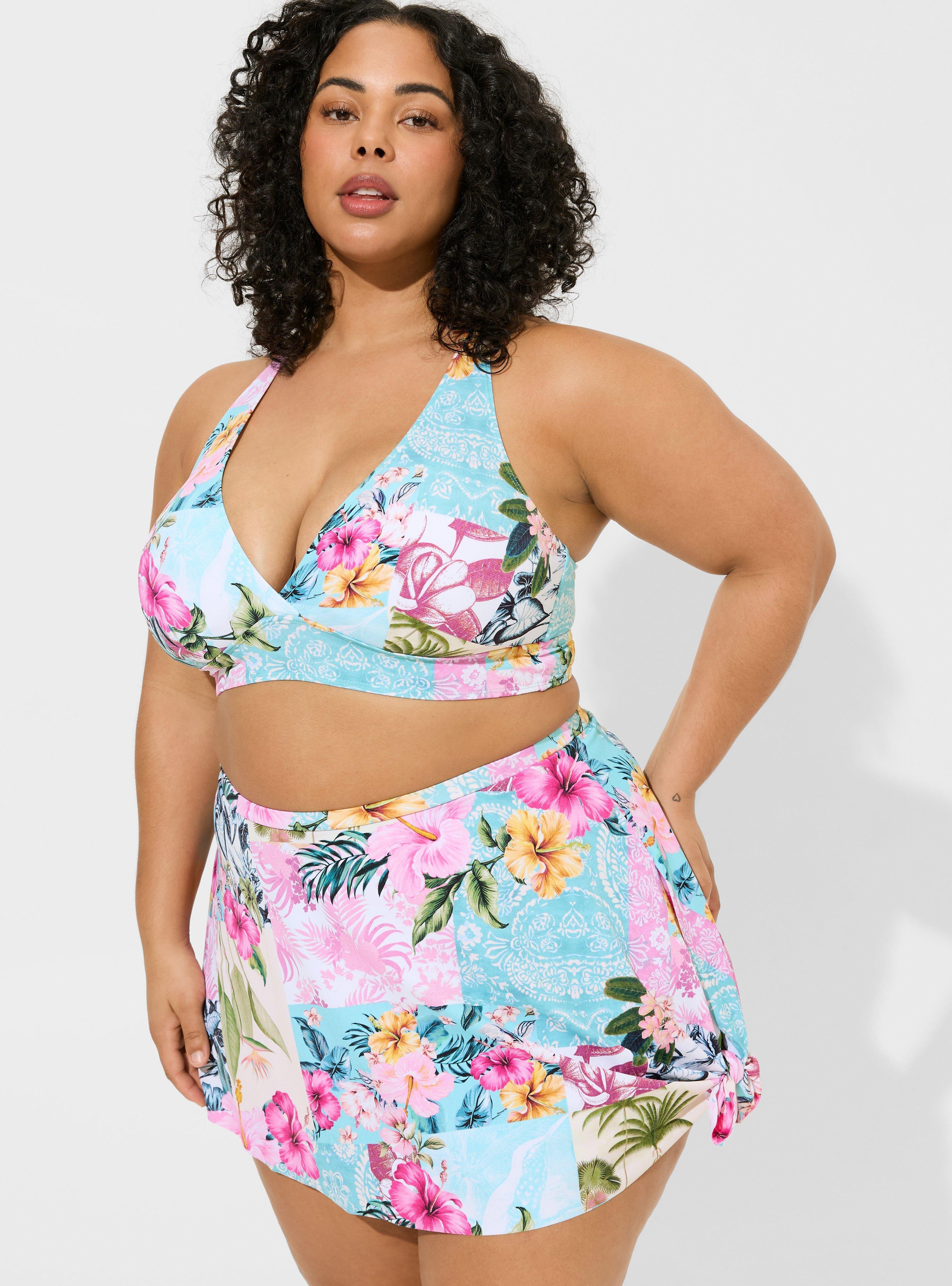 Plus Size - High Rise Mid Length Side Tie Swim Skirt With Brief