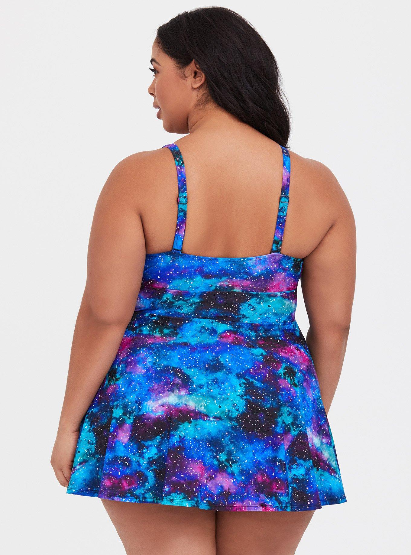 Plus Size Wireless Short Plunge Swim Dress With Brief, GALAXY, alternate
