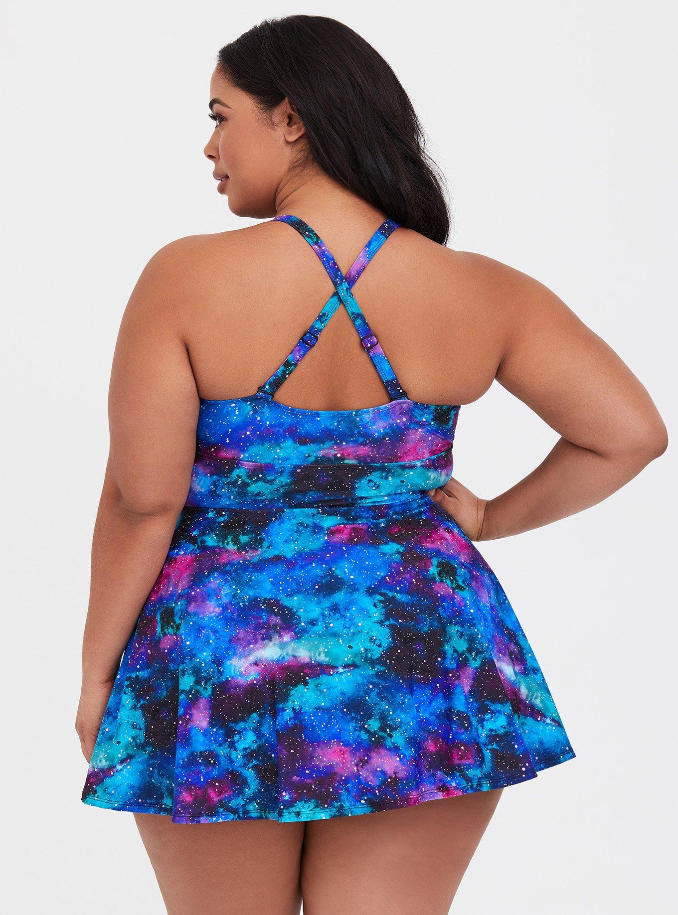 Plus Size Wireless Short Plunge Swim Dress With Brief, GALAXY, alternate
