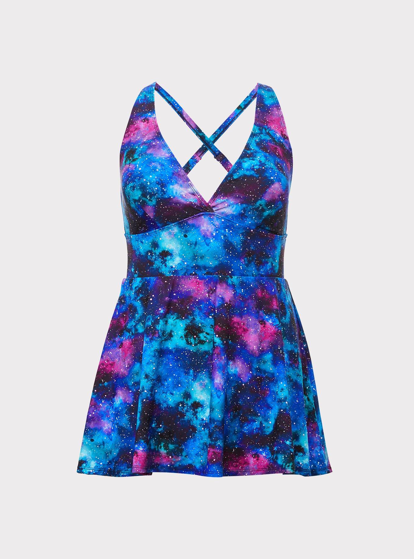Plus Size Wireless Short Plunge Swim Dress With Brief, GALAXY, hi-res