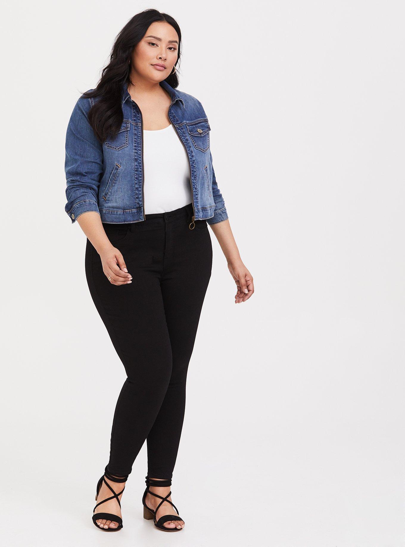 Plus Size Medium Wash Crop Denim Jacket, MEDIUM BLUE, alternate