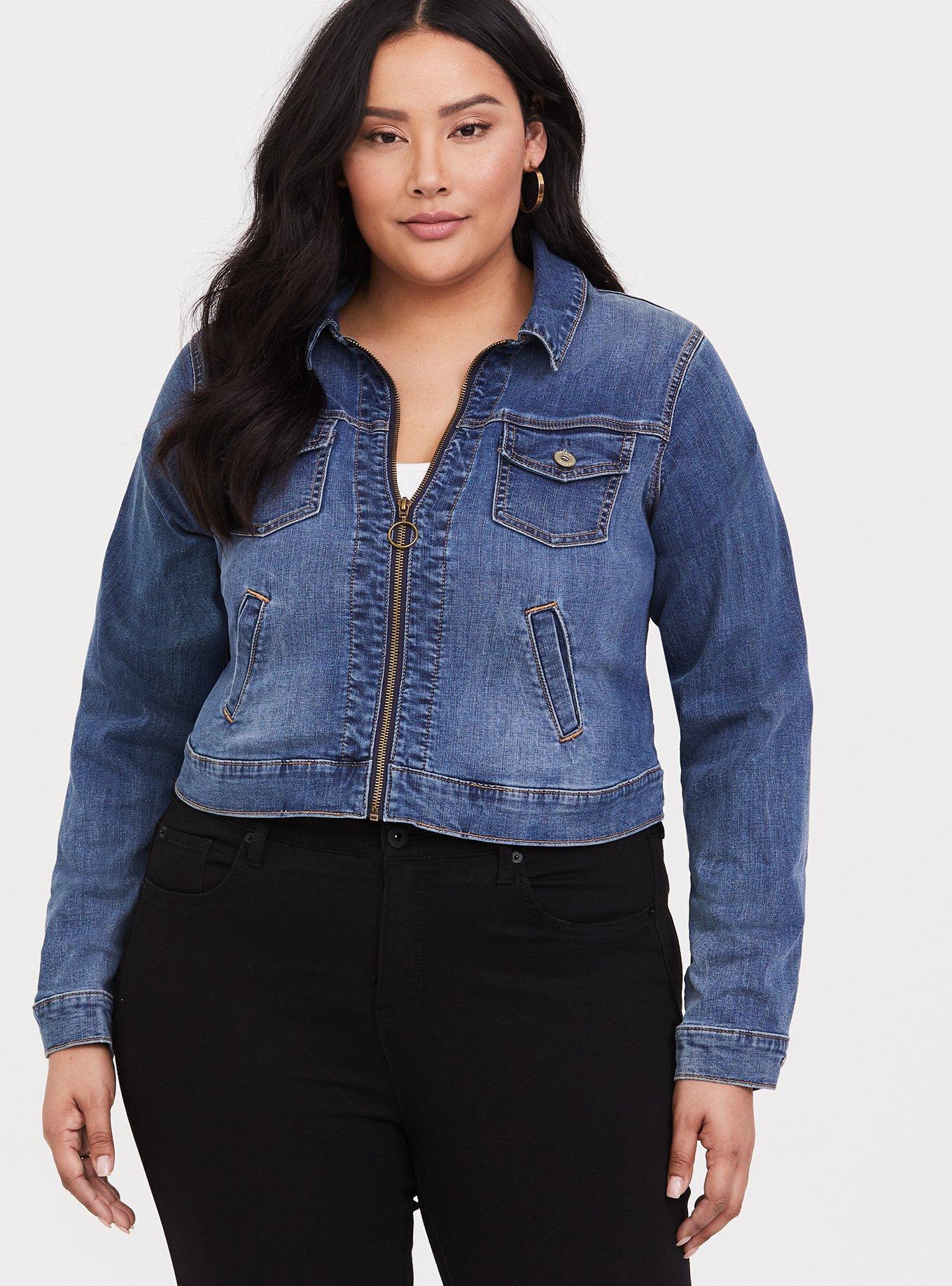 Plus Size Medium Wash Crop Denim Jacket, MEDIUM BLUE, alternate