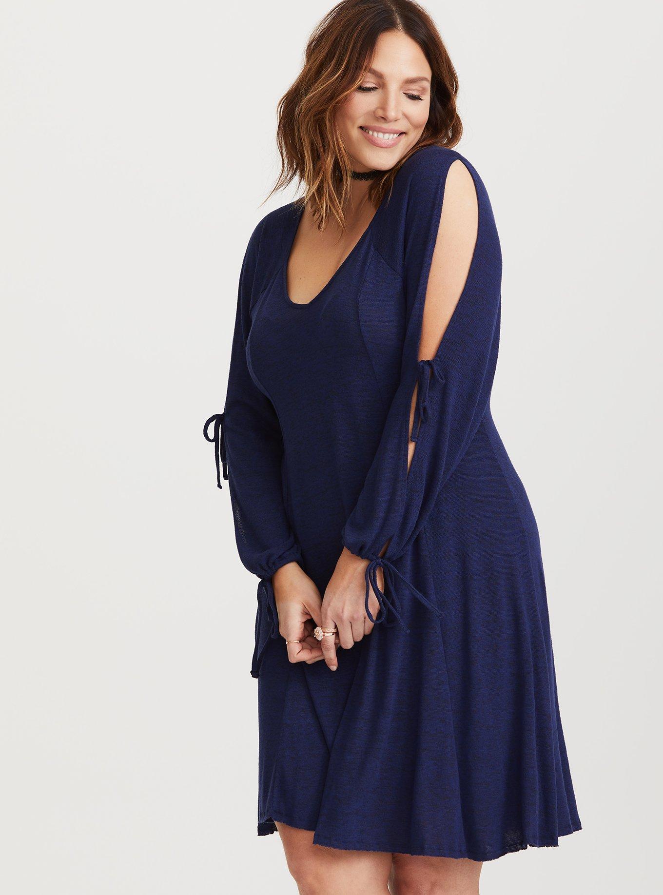 Plus Size - Navy Tie Sleeves Hacci Trapeze Dress - Torrid