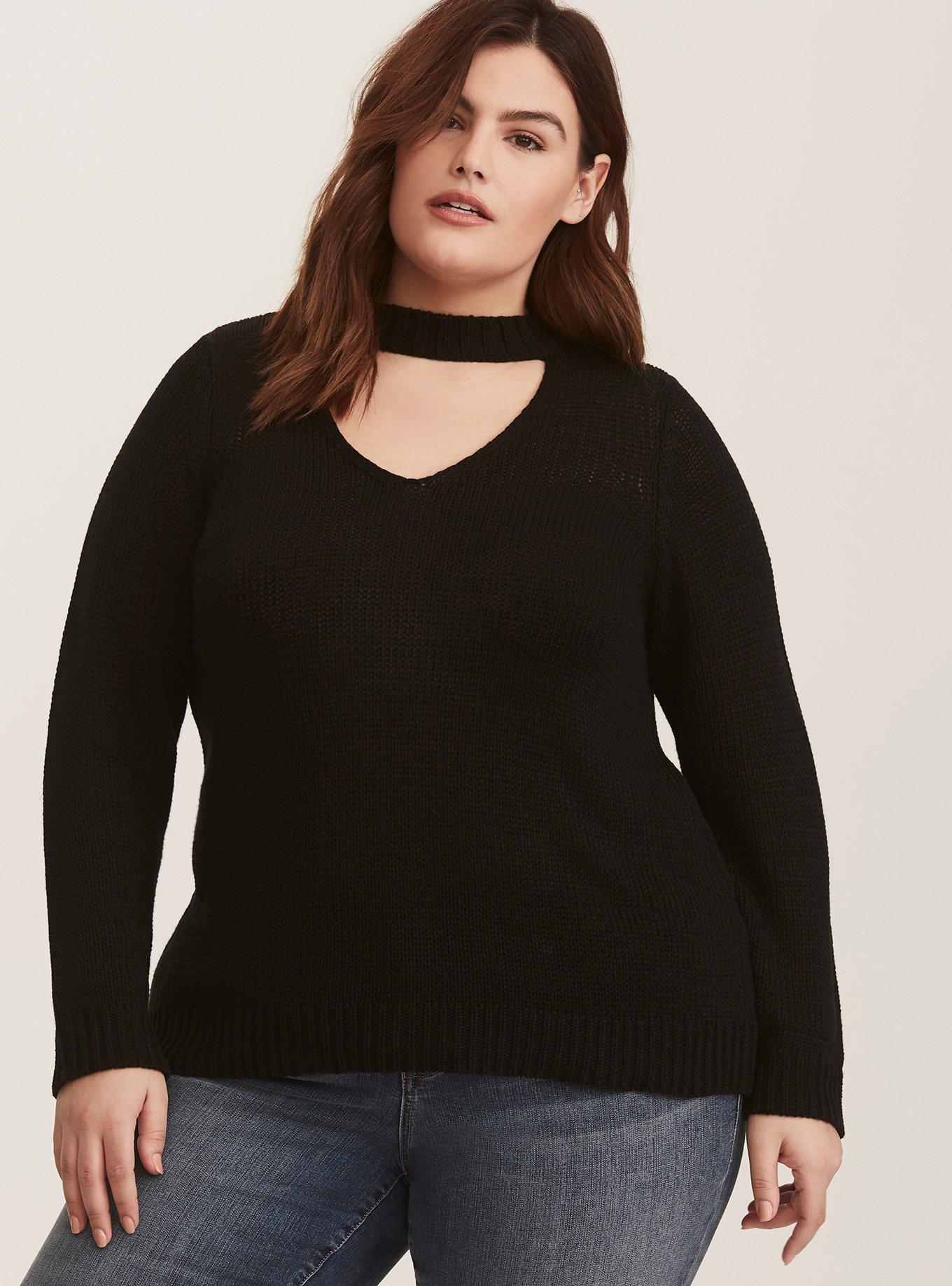 Plus Size - Black Long Sleeve Choker Cutout Knit Pullover Plus Size - Black Long Sleeve Choker Cutout Knit Pullover