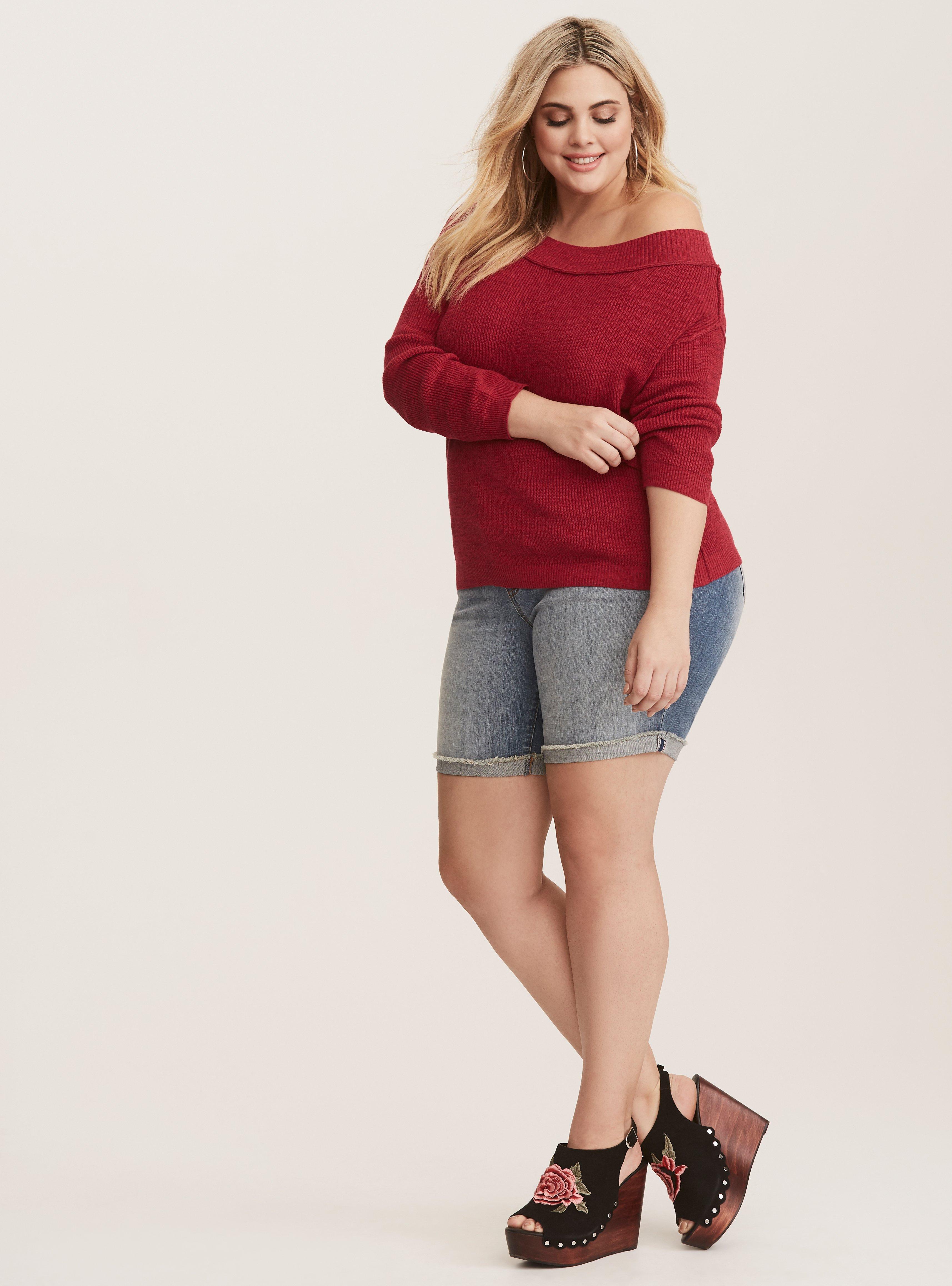 Pullover Off-Shoulder Sweater, RED, alternate