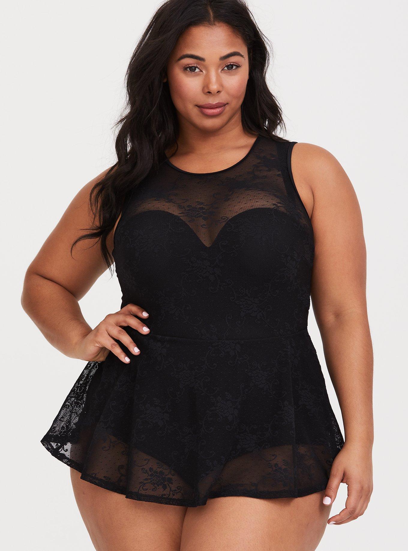 Plus Size - Black Lace Push-Up Strapless One-Piece Swimsuit - Torrid