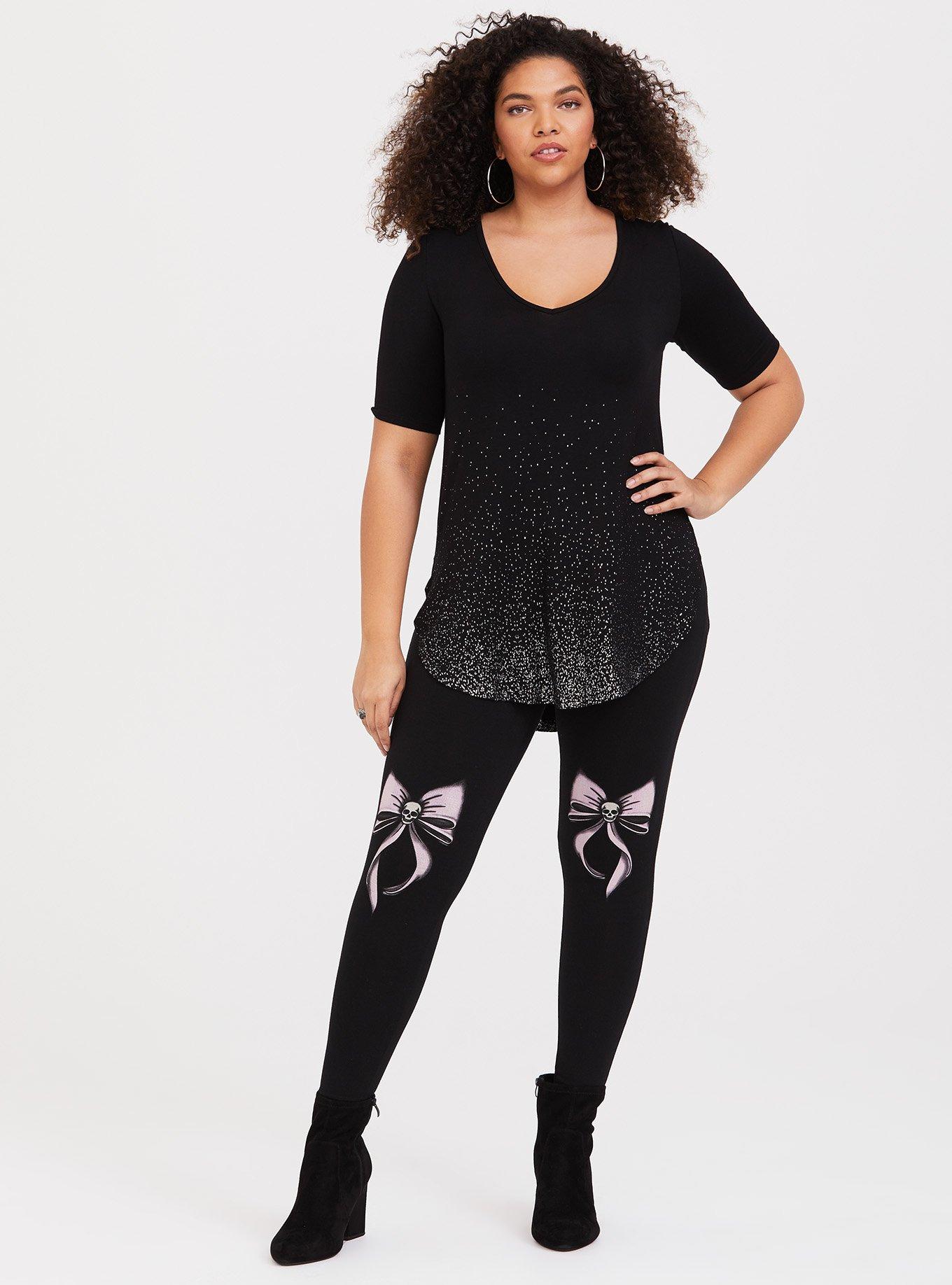 Plus Size Skull Bow Knees Leggings, BLACK, hi-res
