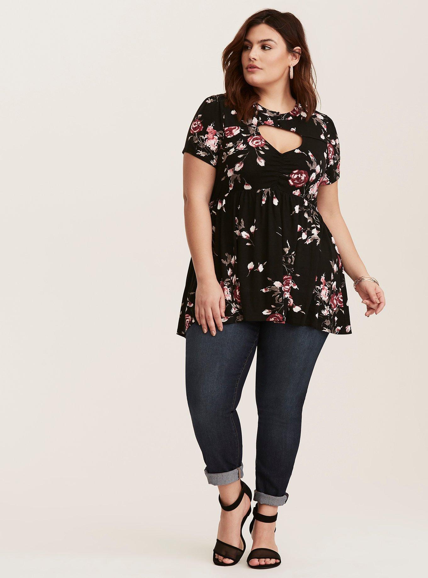 Plus Size - Black Floral Studio Knit Babydoll Top - Torrid