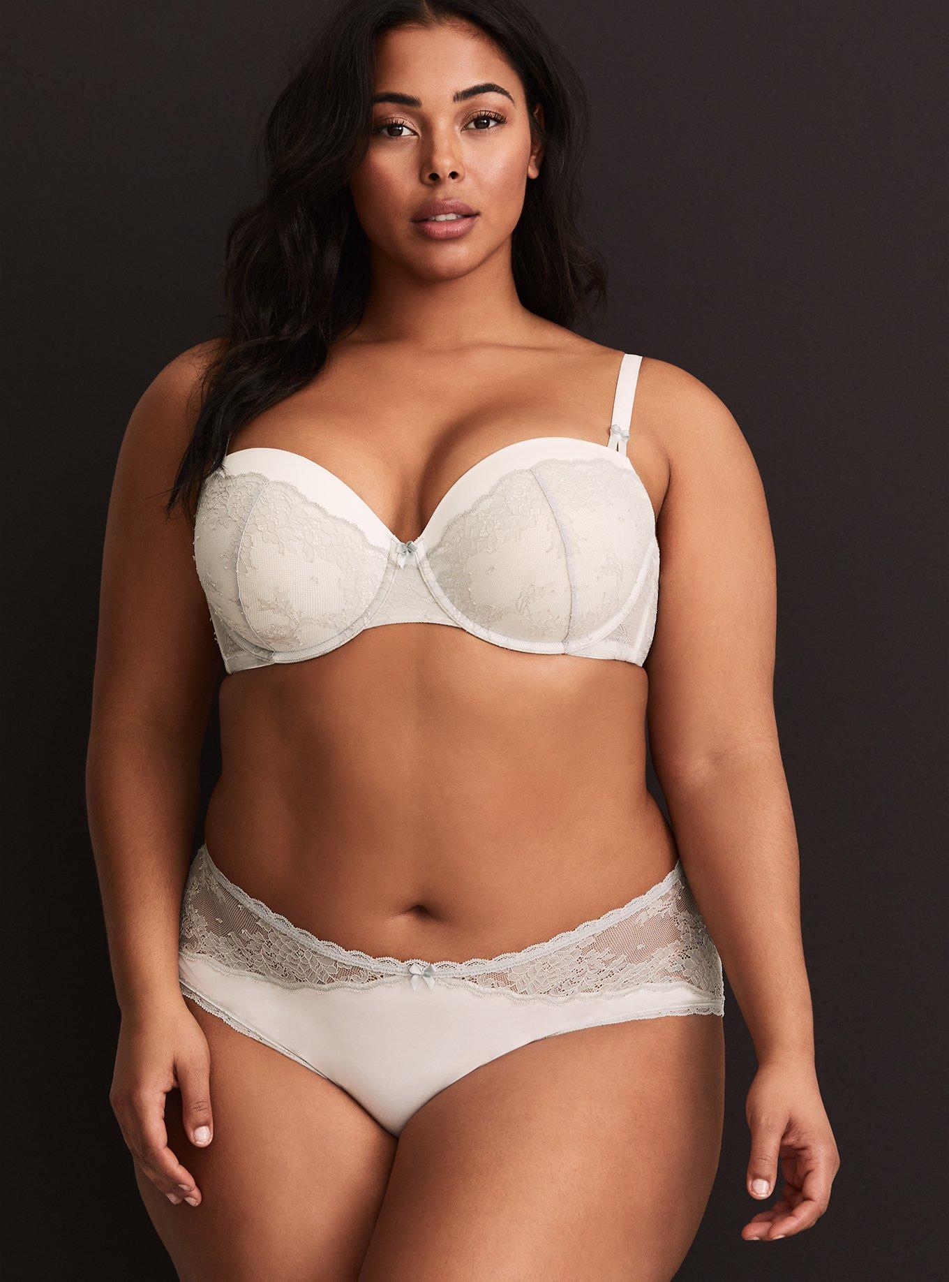 Plus Size Ivory & Grey Lace Trim Ruched Cheeky Panty, CLOUD DANCER, alternate